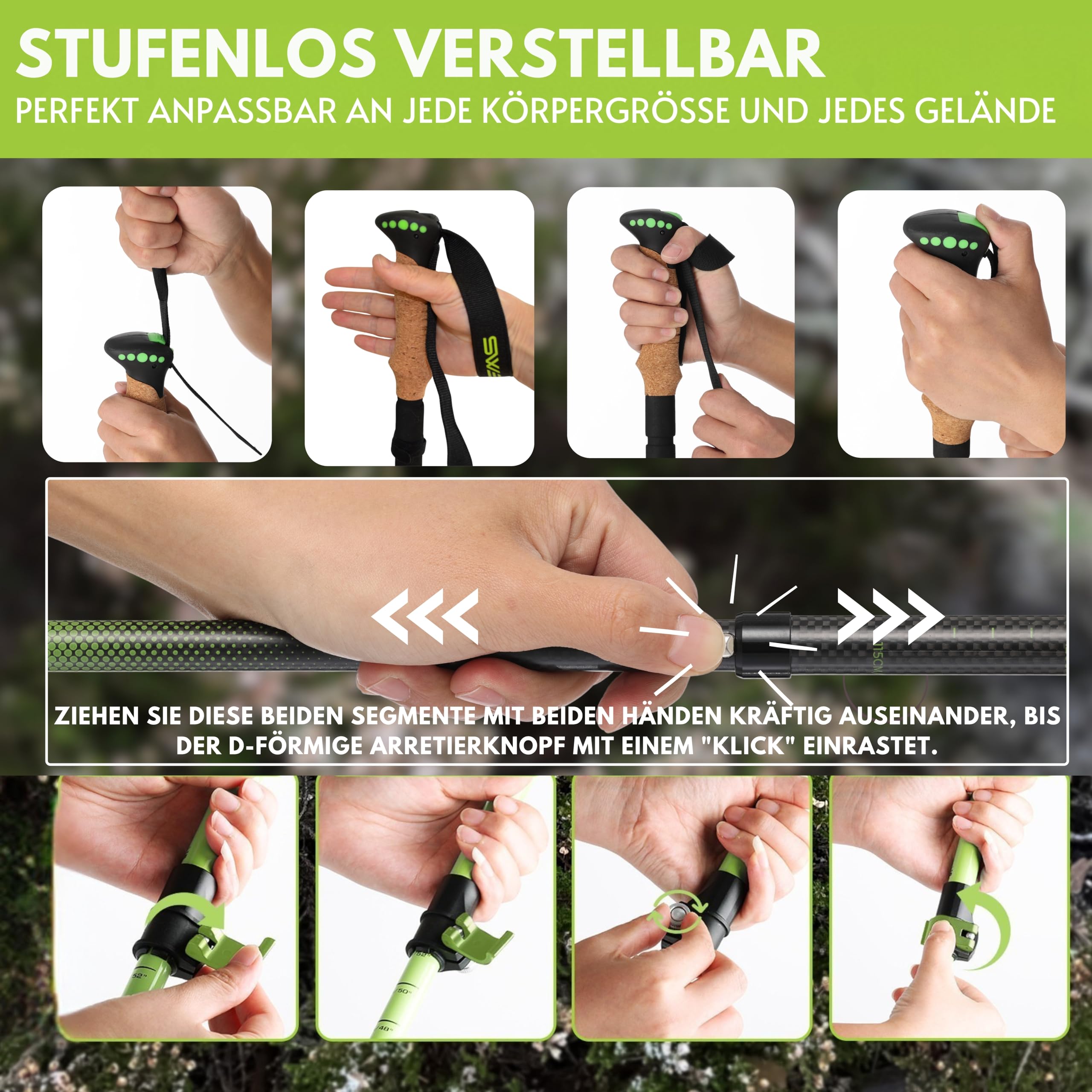 Wanderstöcke Faltbar Carbon Aluminium Korkgriff für Damen & Herren | Leicht Nordic Walking & Trekkingstöcke für Wandern, Bergsport, Skitouren. Kompakt & Faltbare 35cm