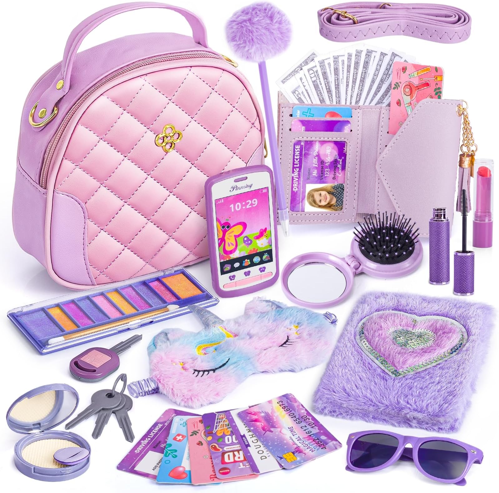 Little Girl Purse Accessories, My First Purse Set - Play Makeup Princess Plush Diary Unicorn Eye Mask Wallet Phone Pretend Credit Cards Kids Pretend Play Christmas Toy Gift for Girl Age 3+