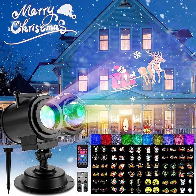 Christmas LED Projector-Christmas Projection lamp Light with 18 Foils Slides,Double Projection Light IP65 Waterproof with Remote Control Decoration for Party Decoration,Indoor and Outdoor Use