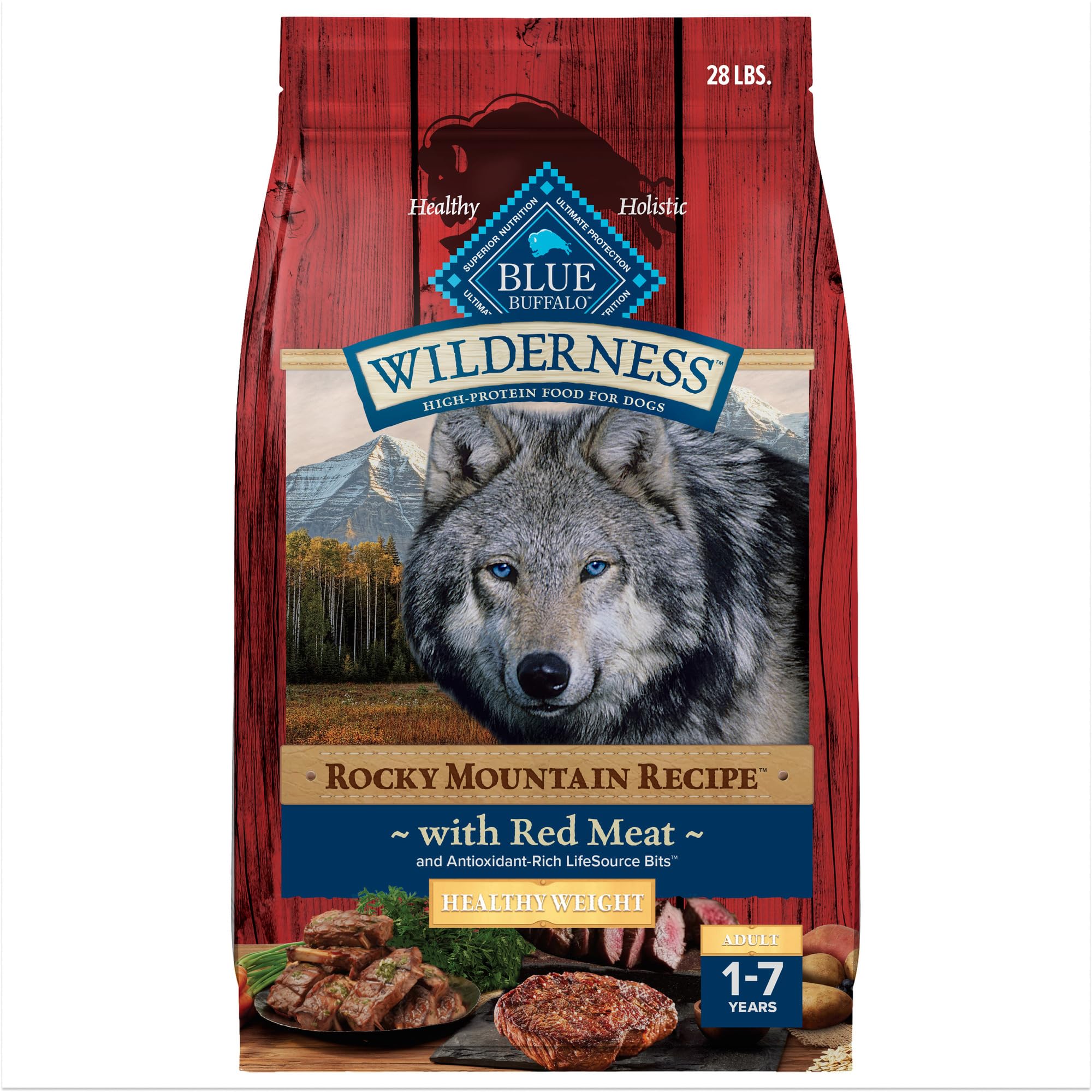 Blue Buffalo Wilderness High-Protein Rocky Mountain Recipe Healthy Weight Dry Food for Adult Dogs, Red Meat, 28-lb. Bag