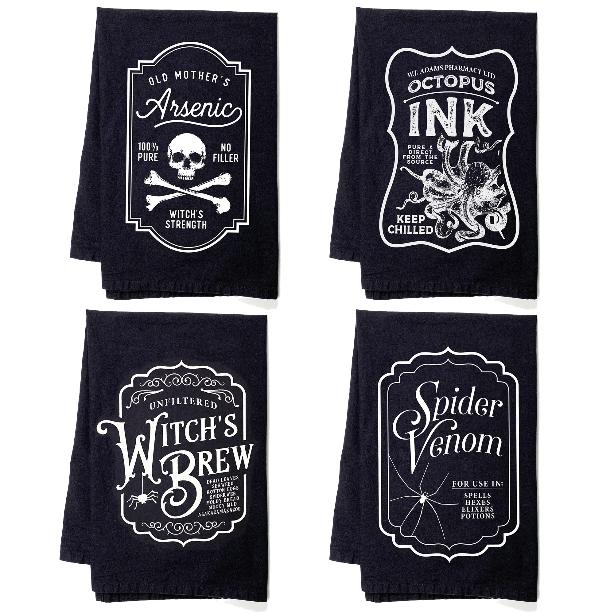 Lot de 4 torchons de cuisine pour Halloween - Sacs de farine effrayants (tous les motifs anthracites)