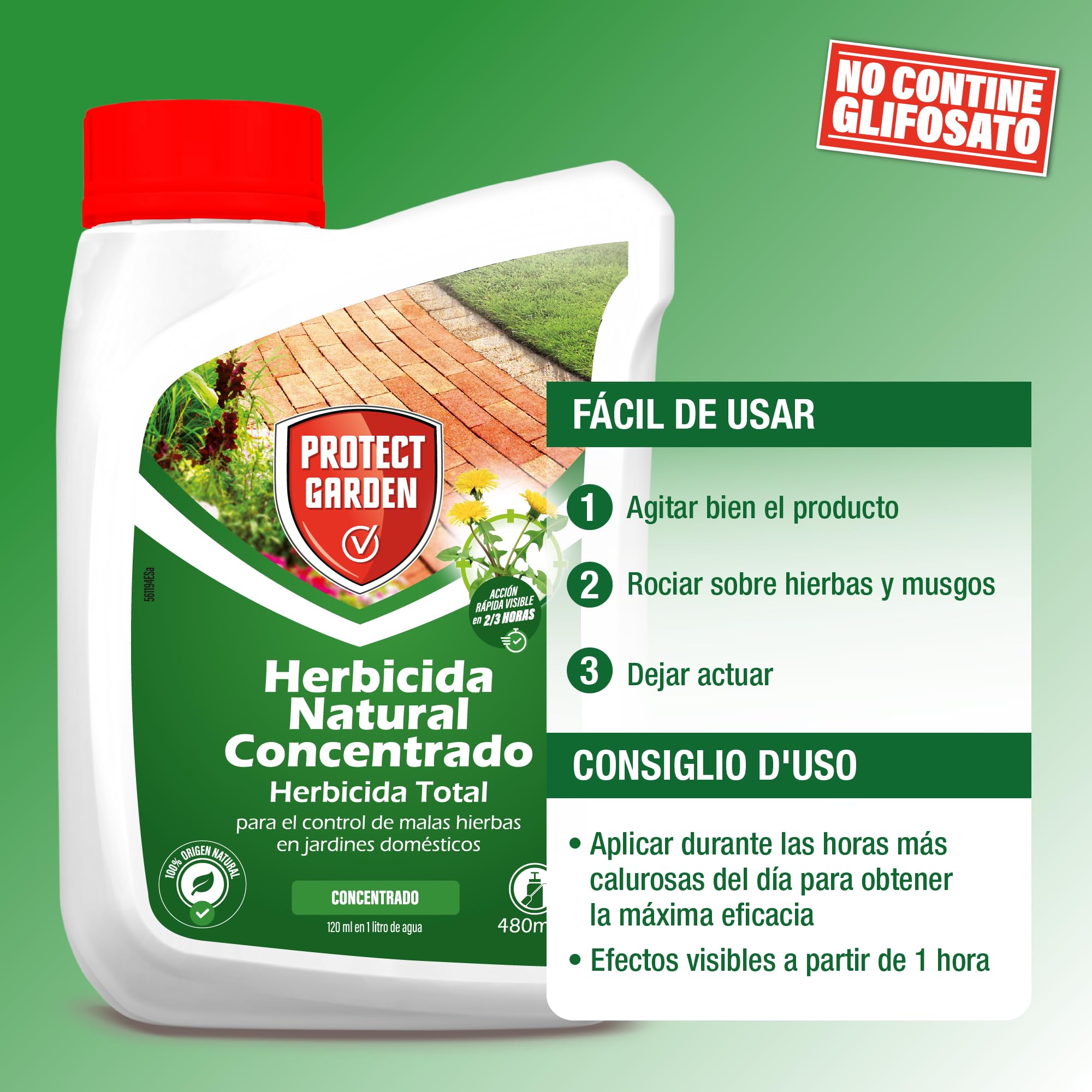 Protect Garden, Herbicida total de origen natural. Alternativa al glifosato de origen 100% natural. Acción rápida visible hasta 4 semanas. 480ml