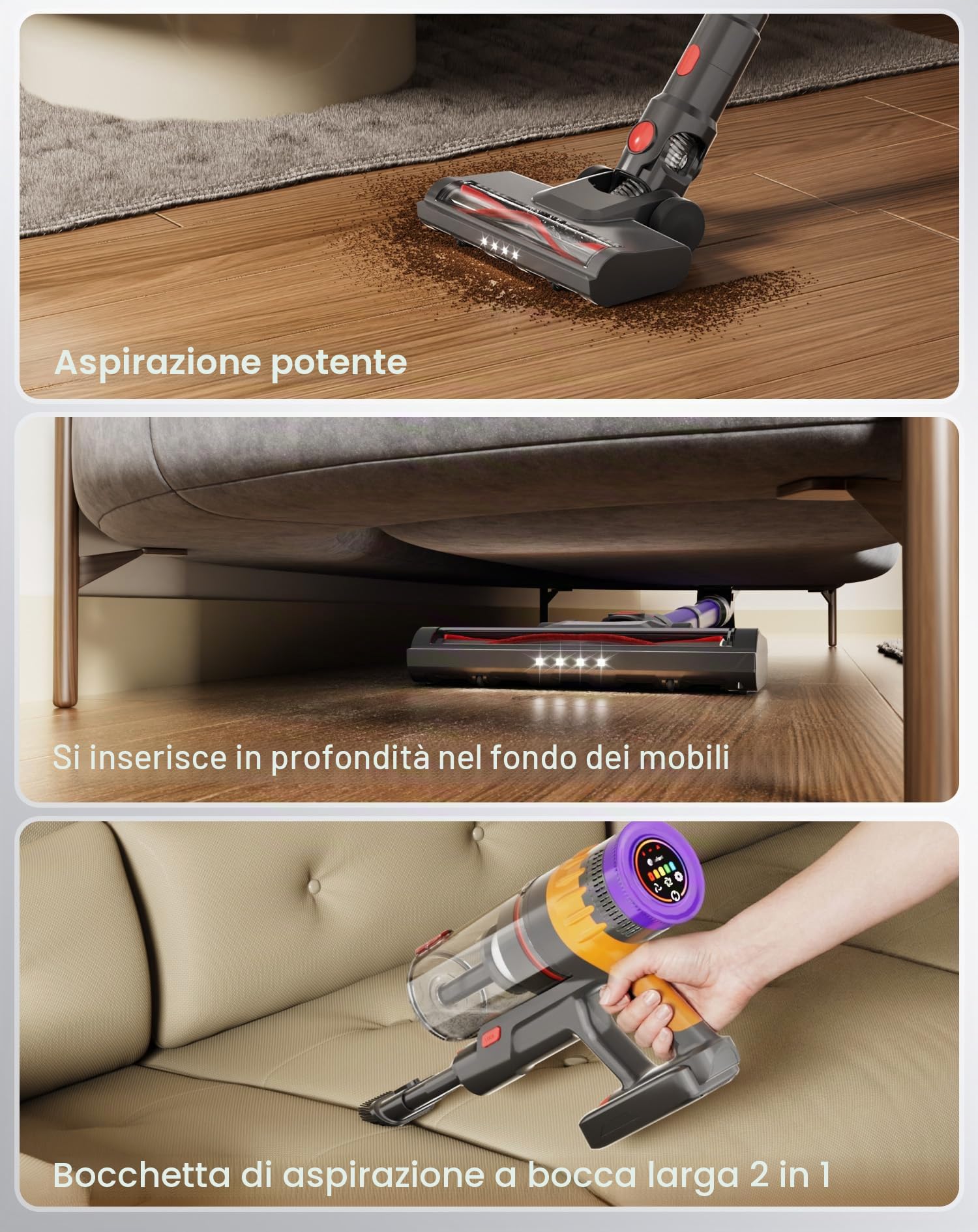Lefant V1 Aspirapolvere Senza Fili,40000Pa Scopa Elettrica Senza Fili Potente, Touch Intelligente LED, Filtro a 5 Stadi, Autonomia 42 Min, Design Autoportante, per Pavimenti/Tappeti/Peli Animali