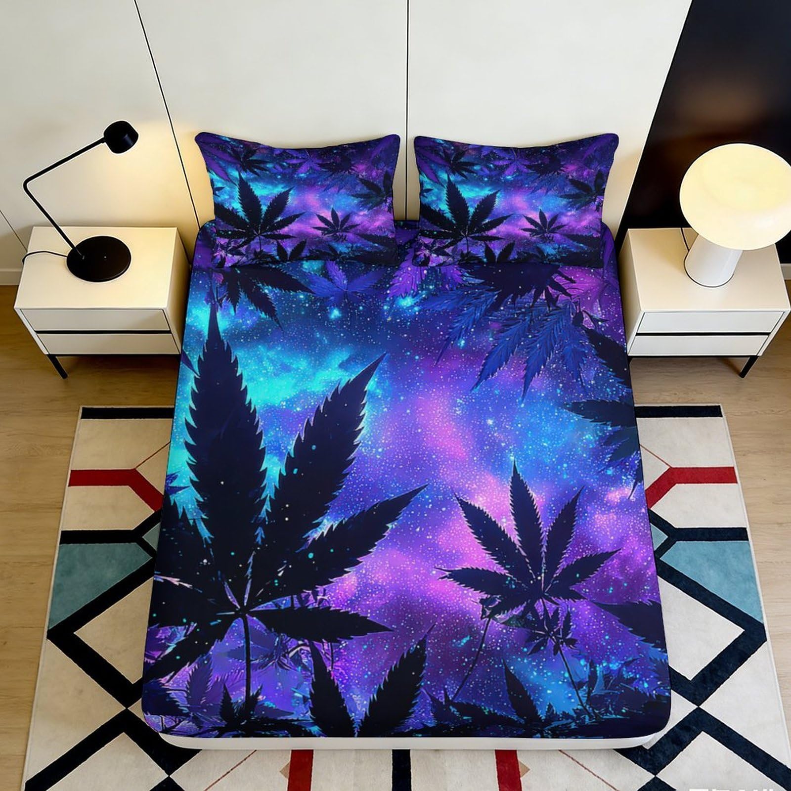 3D Printed Night Sky Leaf Pattern Fitted Sheet Microfiber Deep Pocket Bedroom Bedding Night Sky Leaf Mattress Fitted Cover Non-Slip Washable 140x200x25cm