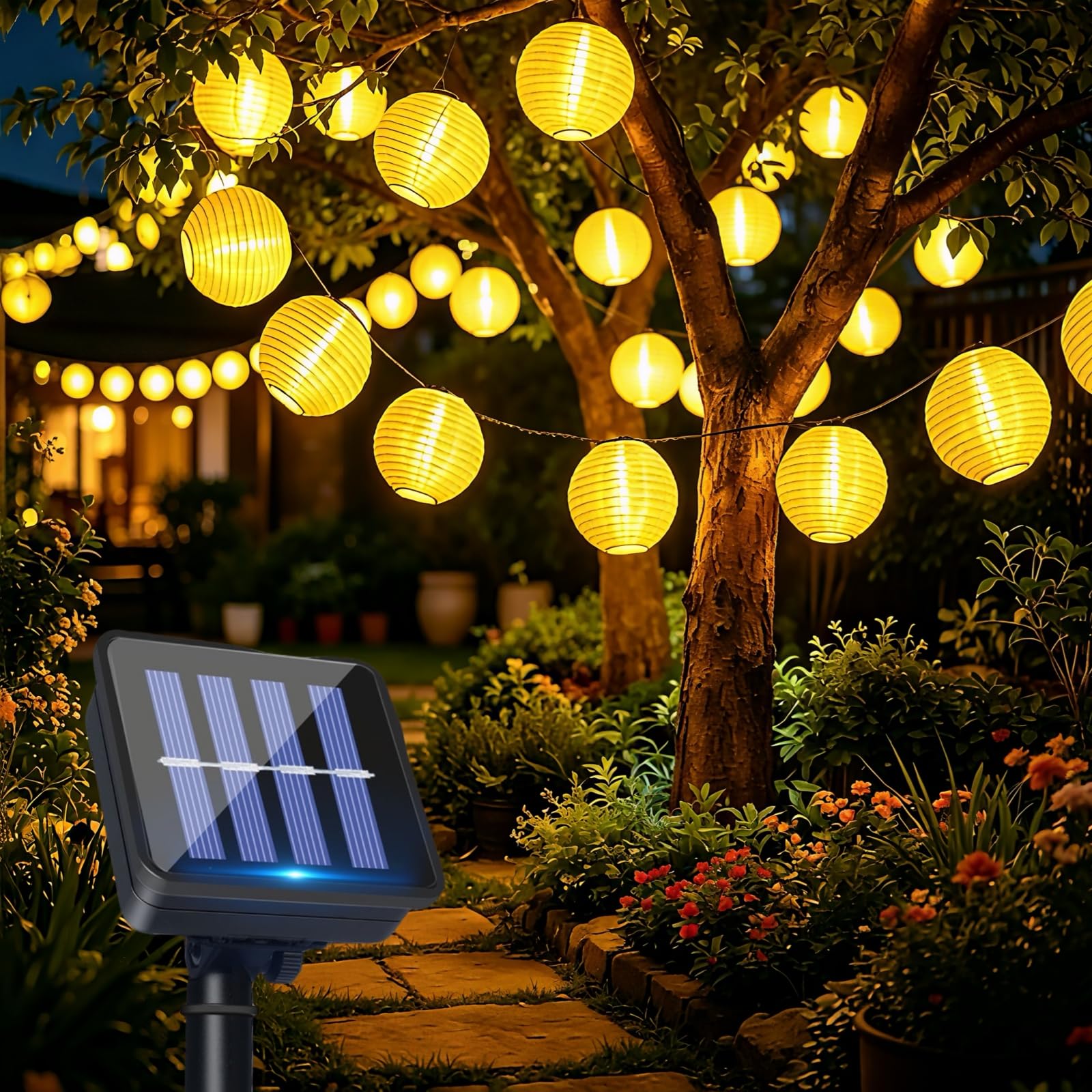 Caldarax Guirnaldas de Luces Solares Linternas, 8M 30 LED Farolillos Cadena de Luces, 8 Modos IP65 Impermeable Linternas Solares Exterior para Decoración Jardín, Patio, Balcón, Fiesta (Blanco Cálido)