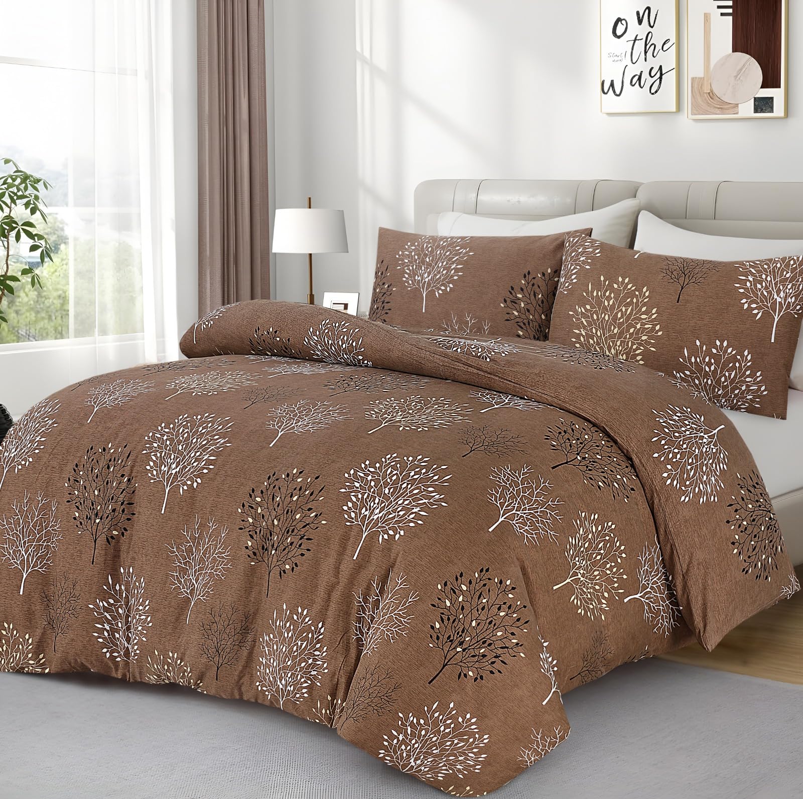 Opulent Living Duvet Cover Set With Fitted Sheet & Pillowcases, 4 Piece Microfiber Soft Breathable Double Bedding Set, Machine Washable, Wrinkle Resistant - Brown - Double