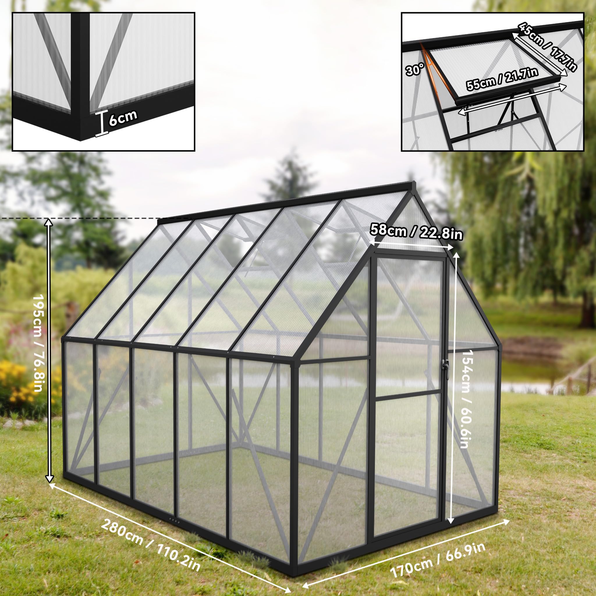 YRHome Premium Gewächshaus Aluminium 280x180x195cm 5.04m² Begehbares Garten-Gewächshaus mit verstärktem Fundament & Dachfenster & Tür Wetterfest & temperaturbeständig für Tomaten, Gemüse & Pflanzen