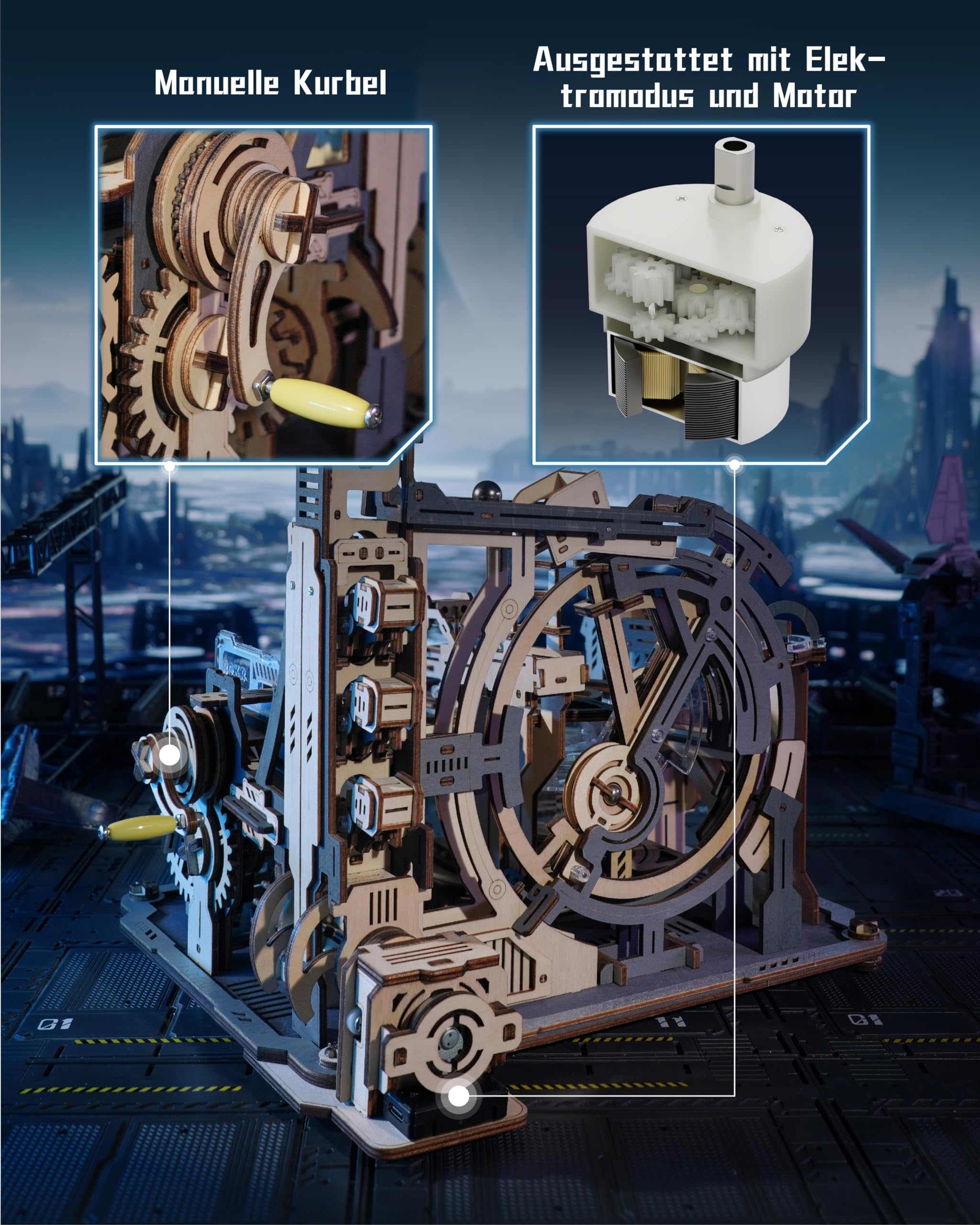 ROKR Kugelbahnen 3D Holzpuzzle für Erwachsene, 3D Puzzle Holz Motorbetriebene Mechanische Modellbausätze mit Kugeln, Automatischer & Manueller Modi, Marble Spaceport, LGC01