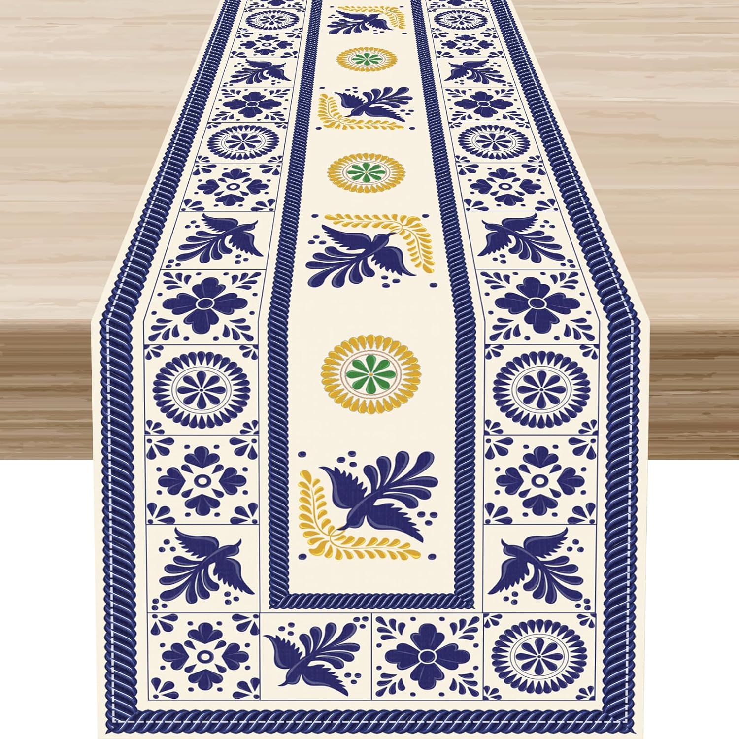 Mexican Table Runner, Blue Floral Birds Mexico Talavera Ceramic Dia De Los Muertos Coffee Table Center Decor for Family Home Kitchen and Dining Farmhouse Indoor Outdoor Table Decorations, 13" X 108"