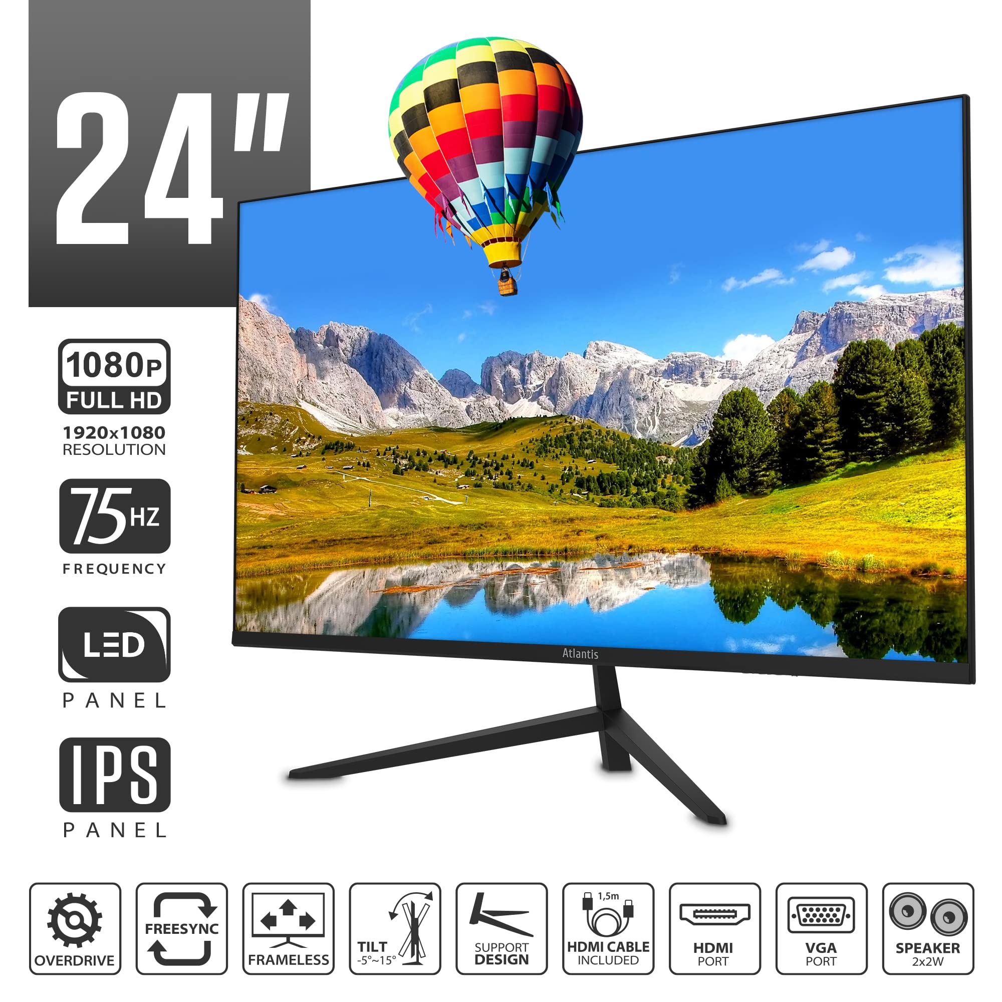 Atlantis Monitor 24 pollici, schermo 24" IPS 75Hz, Full HD 1920x1080, VGA HDMI, MULTIMEDIALE, FreeSync, Uscita Audio/Cuffie, inclinabile, risposta 5ms, Contrasto 1000:1, Angolo 178/178, Cavo HDMI 1,5m