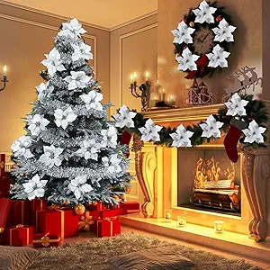 15 Pcs 8.7 Inch Artificial Poinsettia Flowers Christmas Glitter With Clips for Decorations Ornament (Shiny Silver)