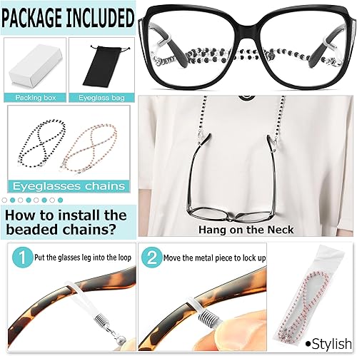 Miniatura 6 de touk Elegantes gafas de lectura de ojo de gato, lentes de sol de gran tamaño con cadena de lentes de moda portátiles para mujeres