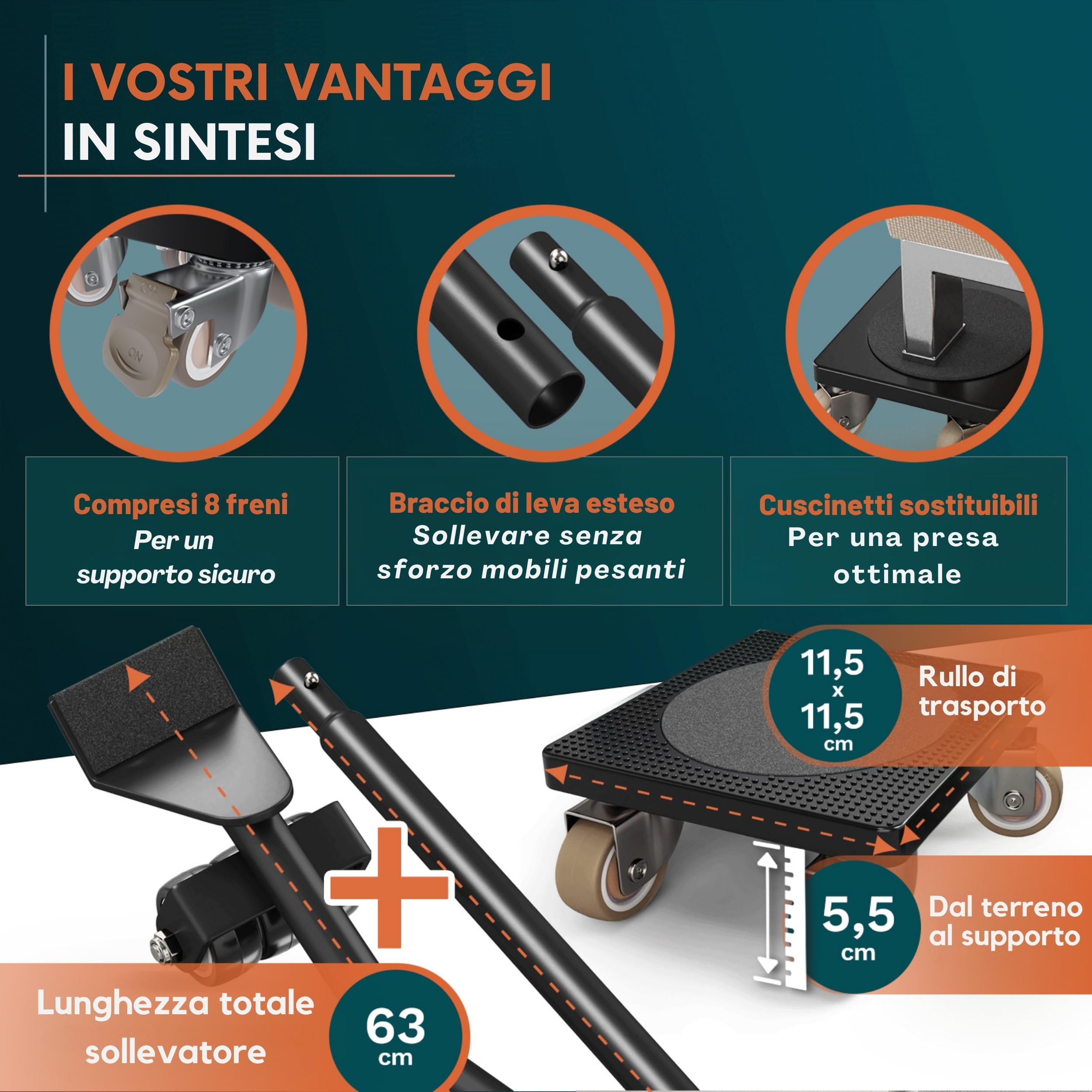 L'innovativo sollevatore mobili di FAIRMO (Con freni) - 4 ruote per mobili e 1 sollevatore mobili (incl. cuscinetti antiscivolo) - Ruote rivestite in TPE - Set con ruote per spostare mobili
