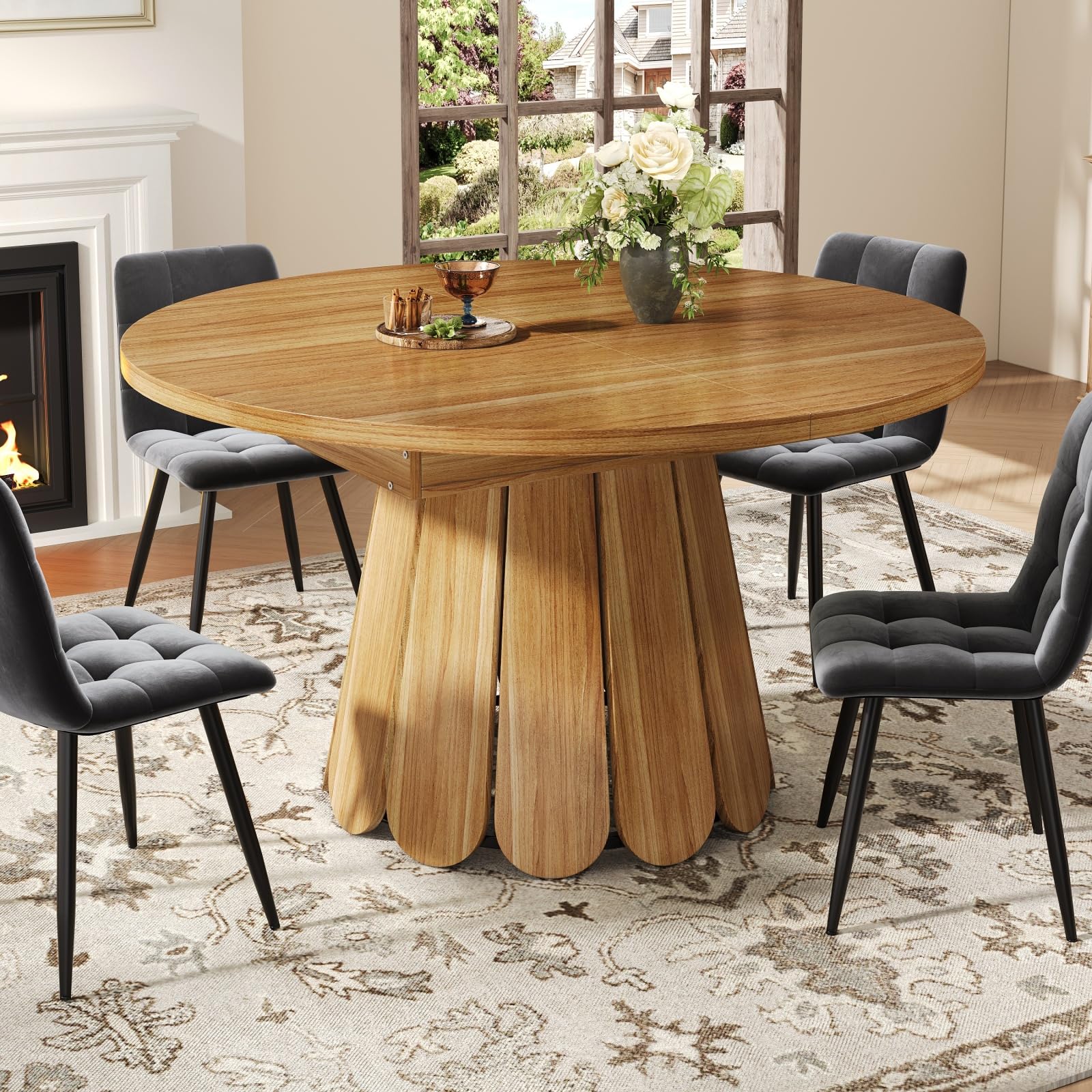YEHTOKHOME Table Ronde Extensible en Bois 118-158 cm, Table Ronde Salle à Manger avec Rallonge Intégrée, Table de Cuisine 4 à 6 Personnes, Design Vintage, pour Salle a Manger (Foncé)