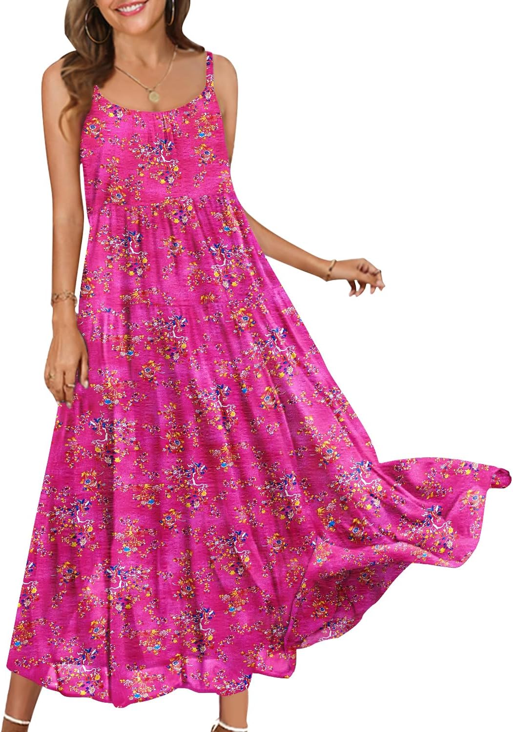 Summer Casual Loose Spaghetti Strap Dresses for Women Boho Maxi Sleeveless Dress Beach Vacation Floral Flowy Sundress