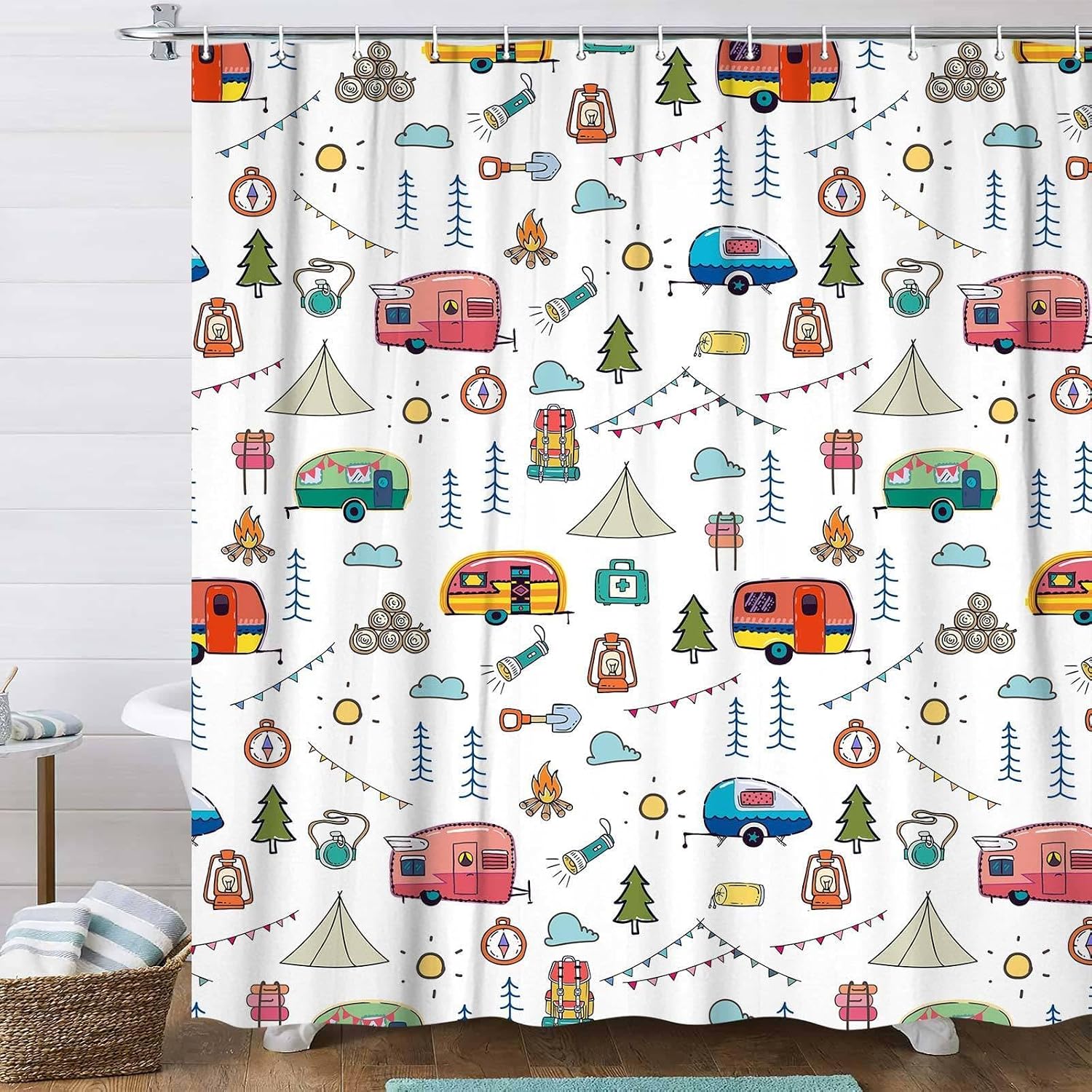 Camper Shower Curtain, Retro RV Camping Bathroom Decor, Waterproof Fabric Happy Camper Travel Trailer Shower Curtain Set Rustic Outdoors Camping Style, 47X64 Inch with Hooks image 3