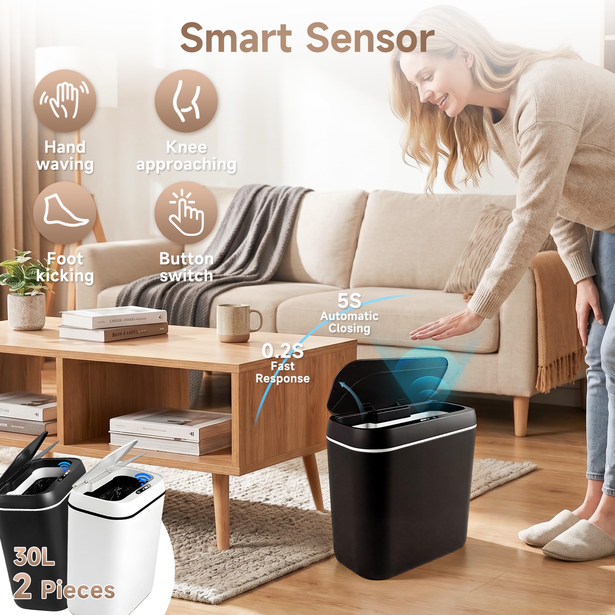 Juego de 2 Cubos de Basura con Sensor, Cubo de Basura Automático de 15L con Tapa, Sensor de Movimiento Inteligente, Silencioso, Impermeable, Cubo de Basura Eléctrico Para Oficina