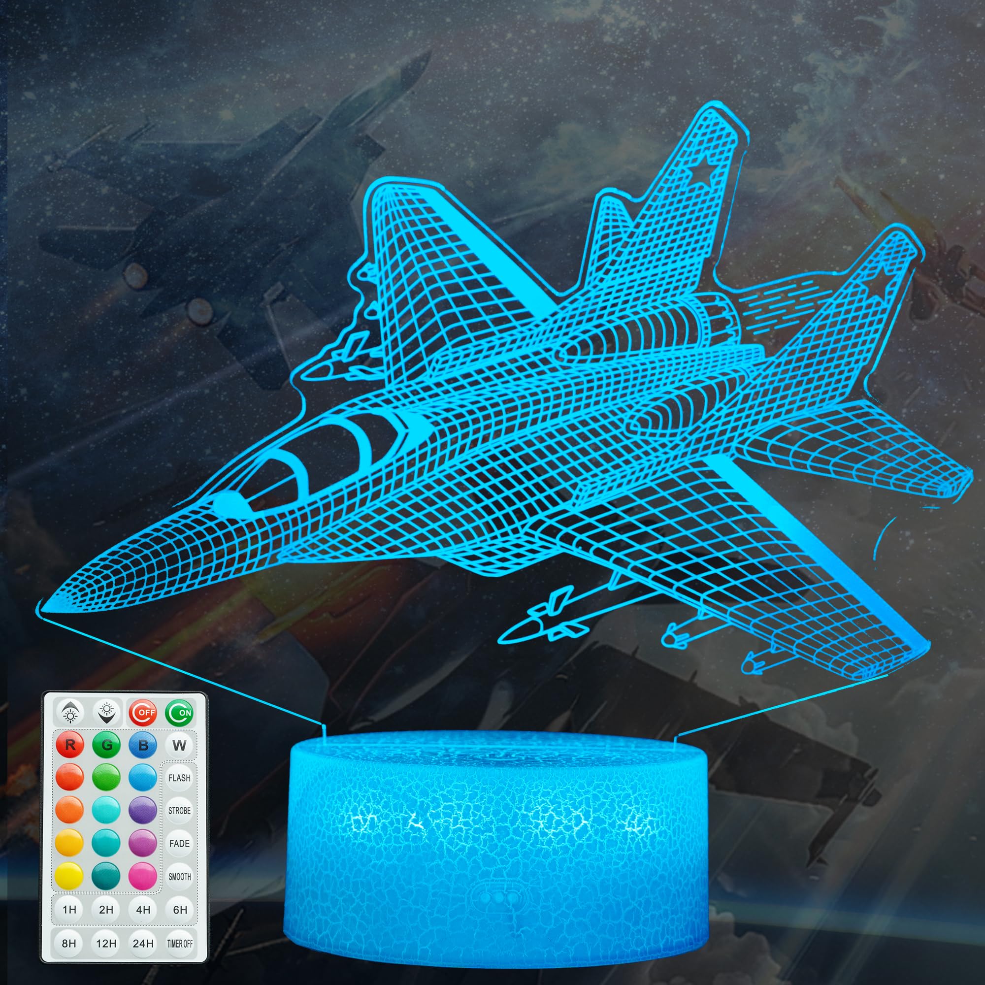 POSSHE Warplane Night Light, Airplane Gifts, Aviation 3D Illusion Night Light with 16 Colors Changing, Remote Control with Timer, Fighter Kids Room Decoration for Holiday Birthday Christmas
