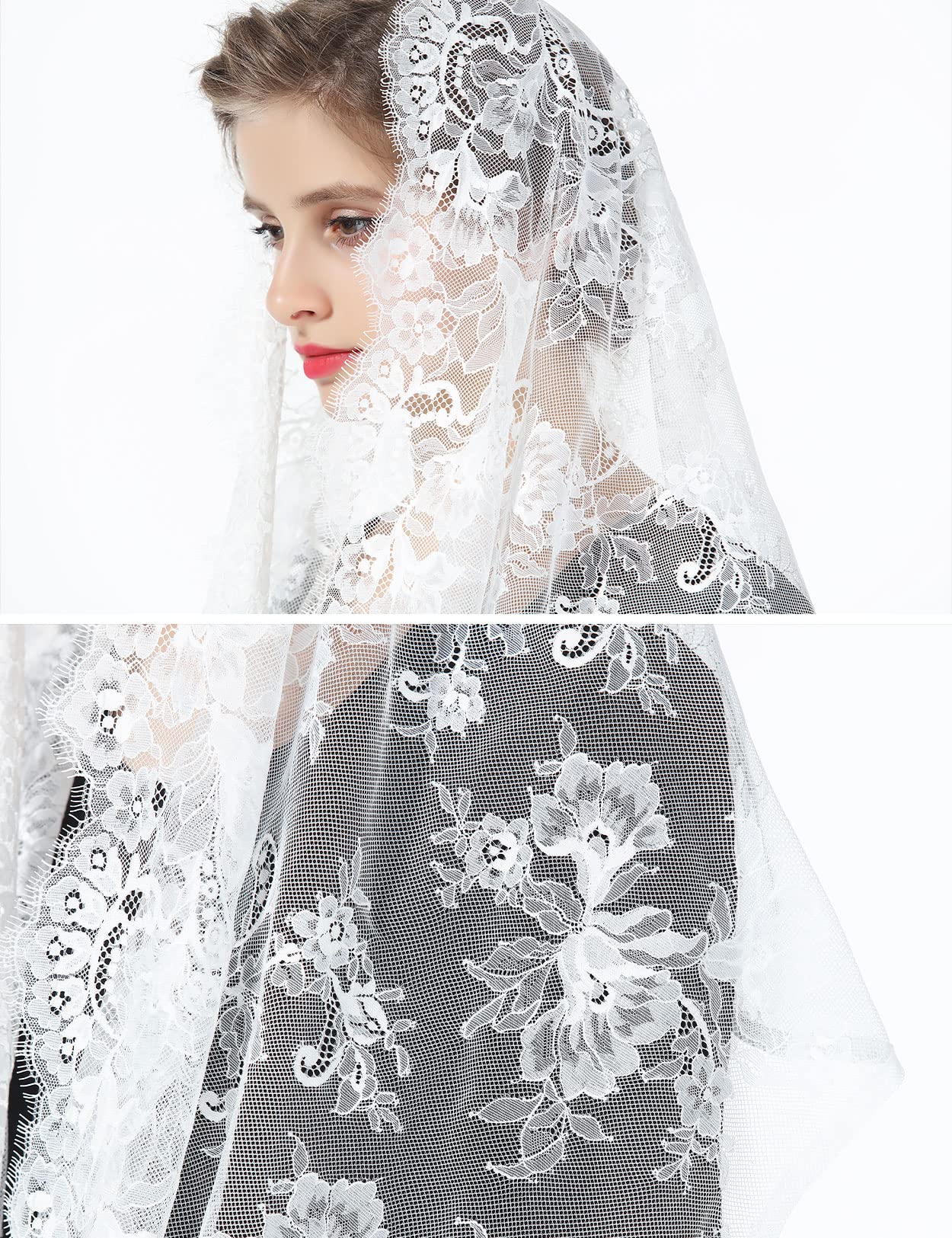 BEAUTELICATE Velo di Pizzo da Sposa Chiesa Cattolica Mantila Infinito Sciarpa Copricapo per Messa In Latino Nero Bianco V101