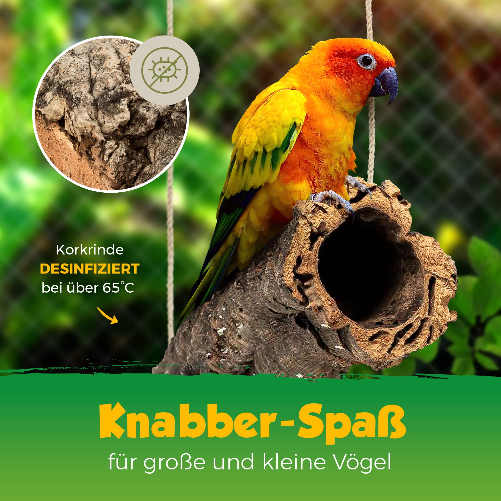 Korkröhre als Schaukel für Vögel | Röhre aus Naturkork | zum Schaukeln, Spielen, Anknabbern & Knuspern | Reine Kork-Rinde, desinfiziert | Karabinerhaken aus Edelstahl