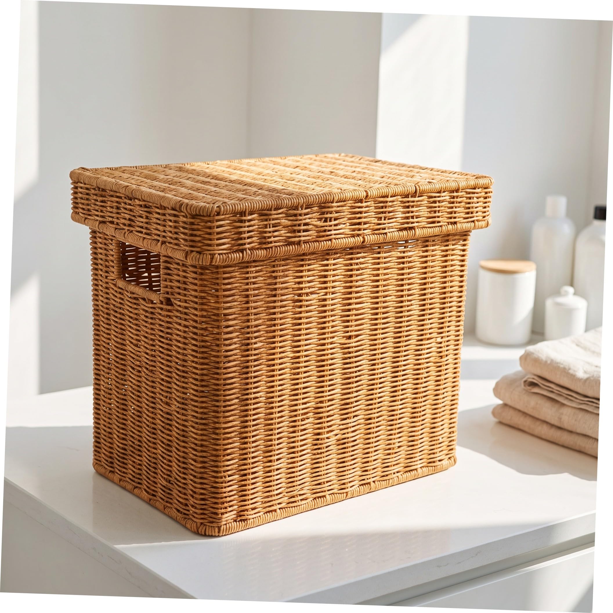 Toyvian Caja Archivadora de Mimbre con Tapa, Plástico Marrón, 36x30x26 Cm