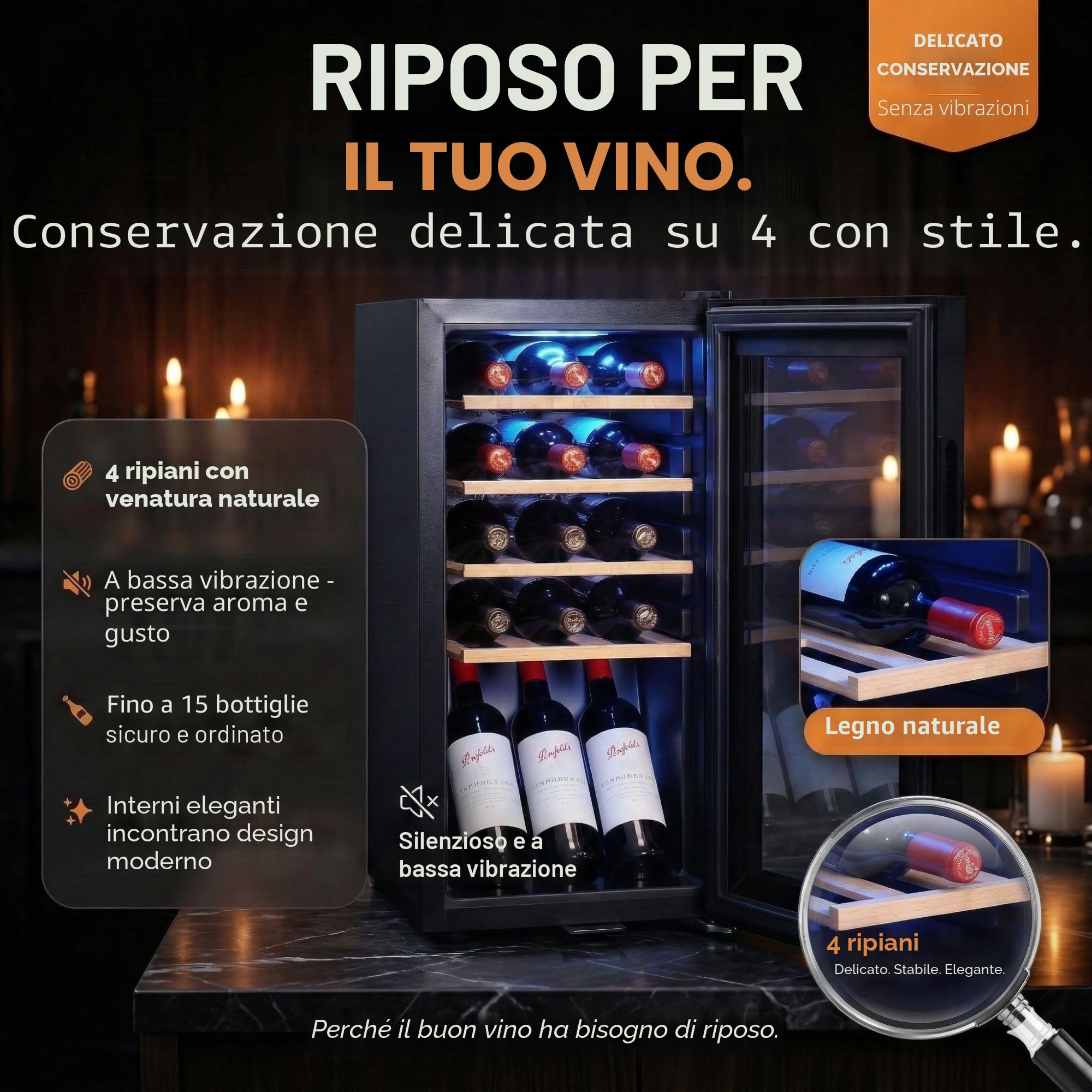 Sommertal Frigorifero per vino con porta in vetro WK50 – 15 bottiglie, regolabile 5–20°C, bloccabile, illuminazione a LED, porta in vetro, touchscreen, 4 ripiani in legno, silenzioso e a risparmio
