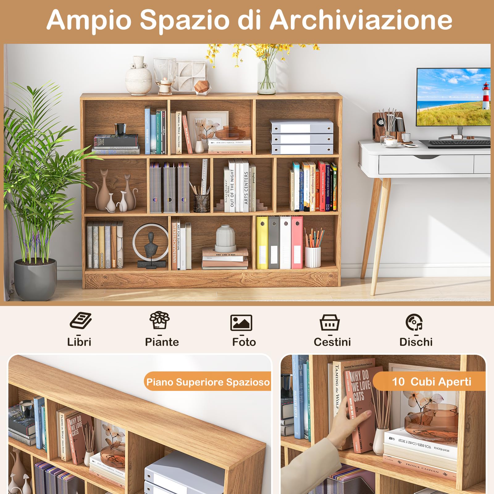 GYMAX Libreria a 10 Cubi Aperti, Scaffale Autoportante da Pavimento, Kit Anti-Ribaltamento, Organizzatore di Archiviazione 3 Livelli per Soggiorno Camera da Letto Ufficio (Naturale, 140 x 24 x 104 cm)