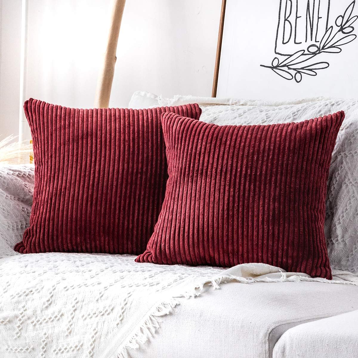 MUDILY Pack of 2 Soft Velvet Corduroy Soft Decorative Square Throw Pillow Covers Set Cushion Cases Pillowcases for Sofa Bedroom Car, Burgundy 16 x 16 inch 40 x 40 cm