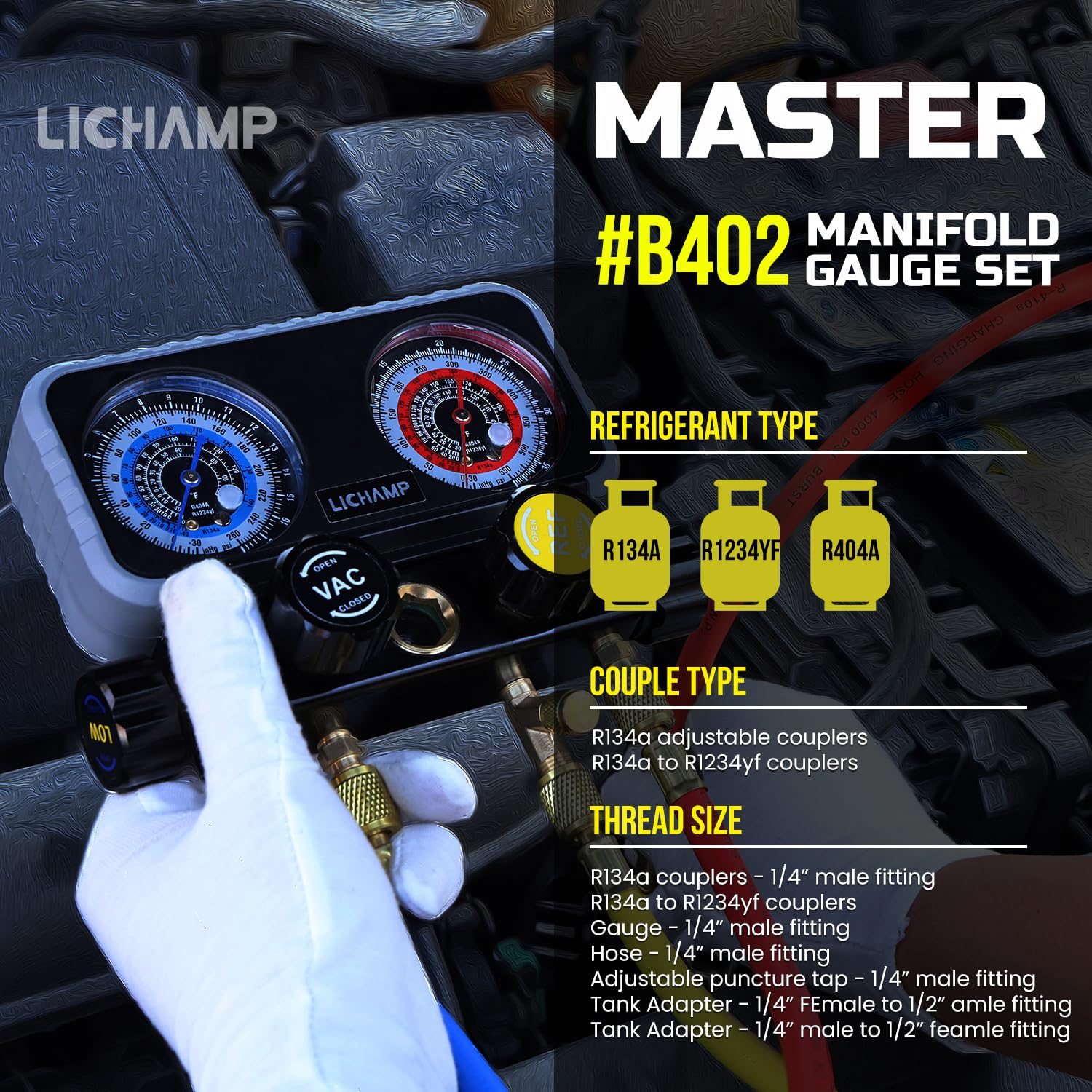 Lichamp AC R1234YF R134A Gauge Set, Automotive 4 Valve Manifold Gauge Compatible with R1234YF R134A and R404A Refrigerants and 4.5 cfm 1/3 HP HVAC Single Stage Vacuum Pump for R134a R410a R22 R12