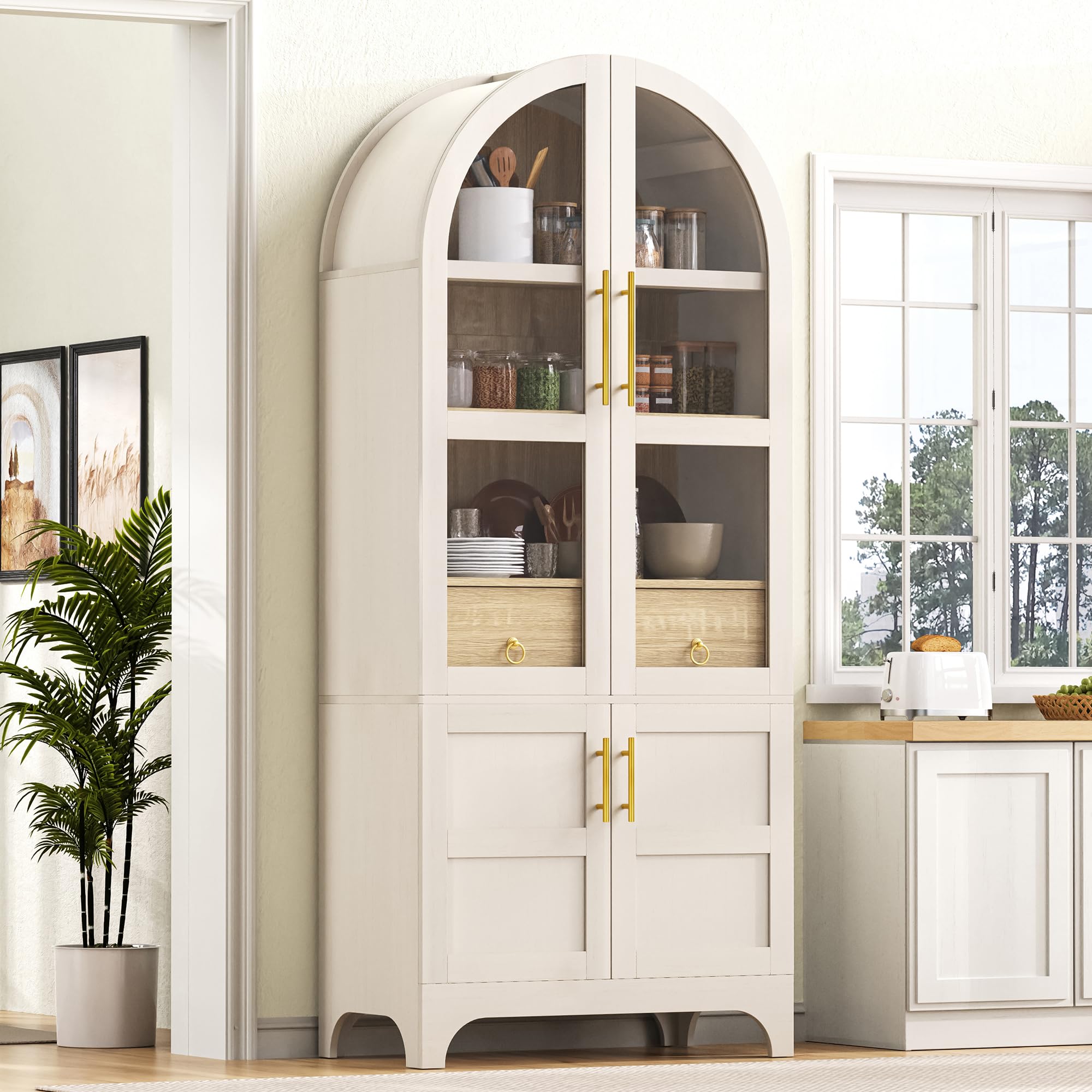 Mobiletto alto con vetro scanalato, ripiani regolabili, cassetto, armadietto da cucina con grande capienza, ideale per sala da pranzo, soggiorno, cucina, bianco