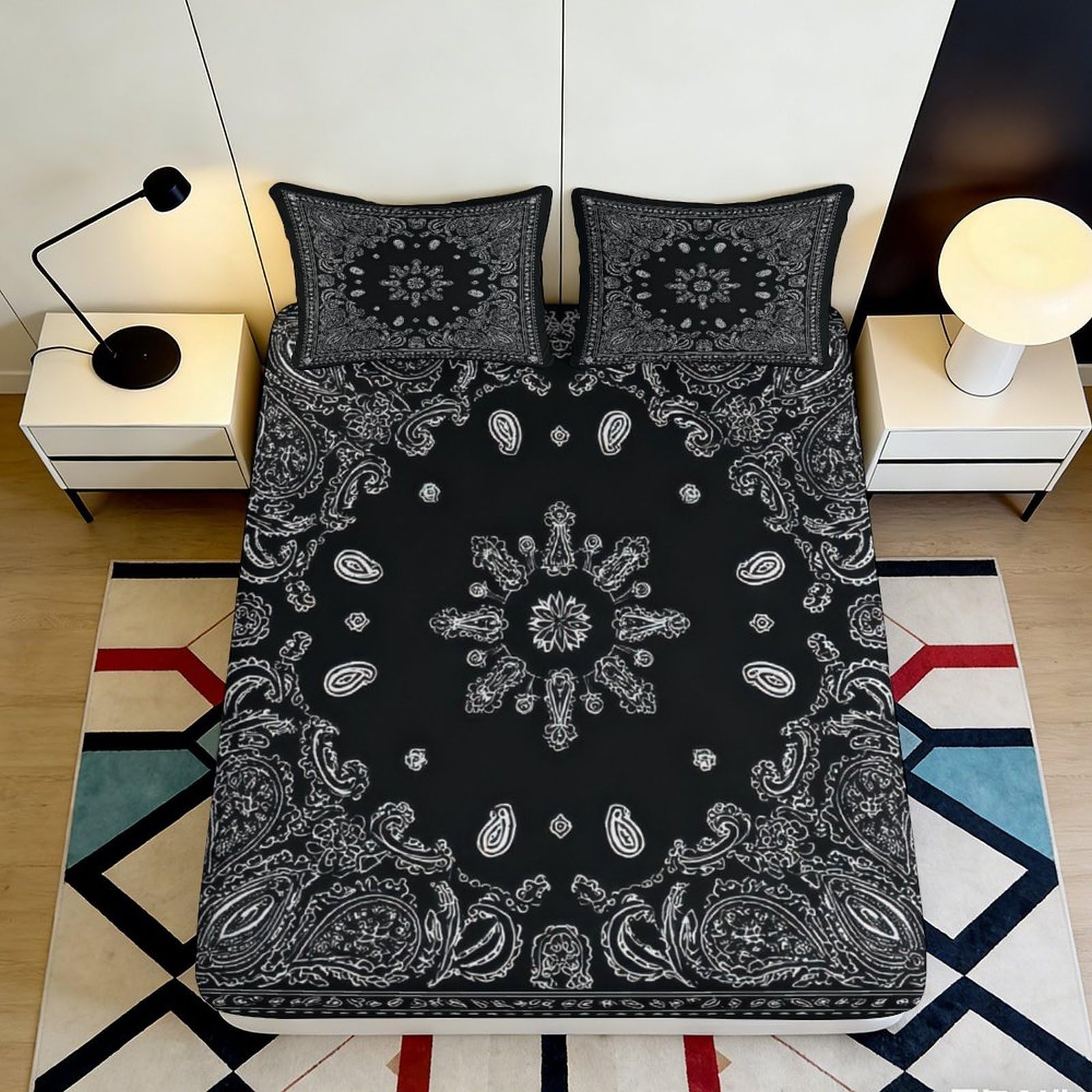 3D Printed Mandala Floral Fitted Sheet Microfiber Soft Black Boho Paisley Mattress Cover for Bedroom Dorm Decor 90x200x25cm