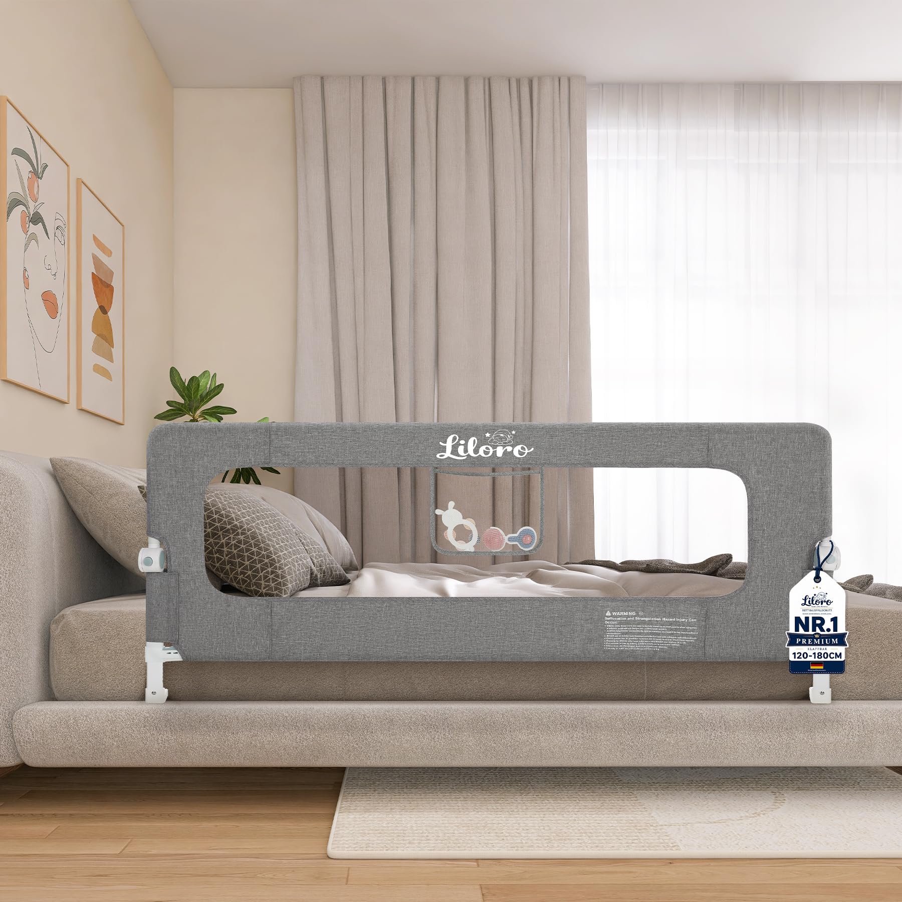 Barrière de lit bébé 180 cm avec base élargie anti-collision et système pliable sans perçage