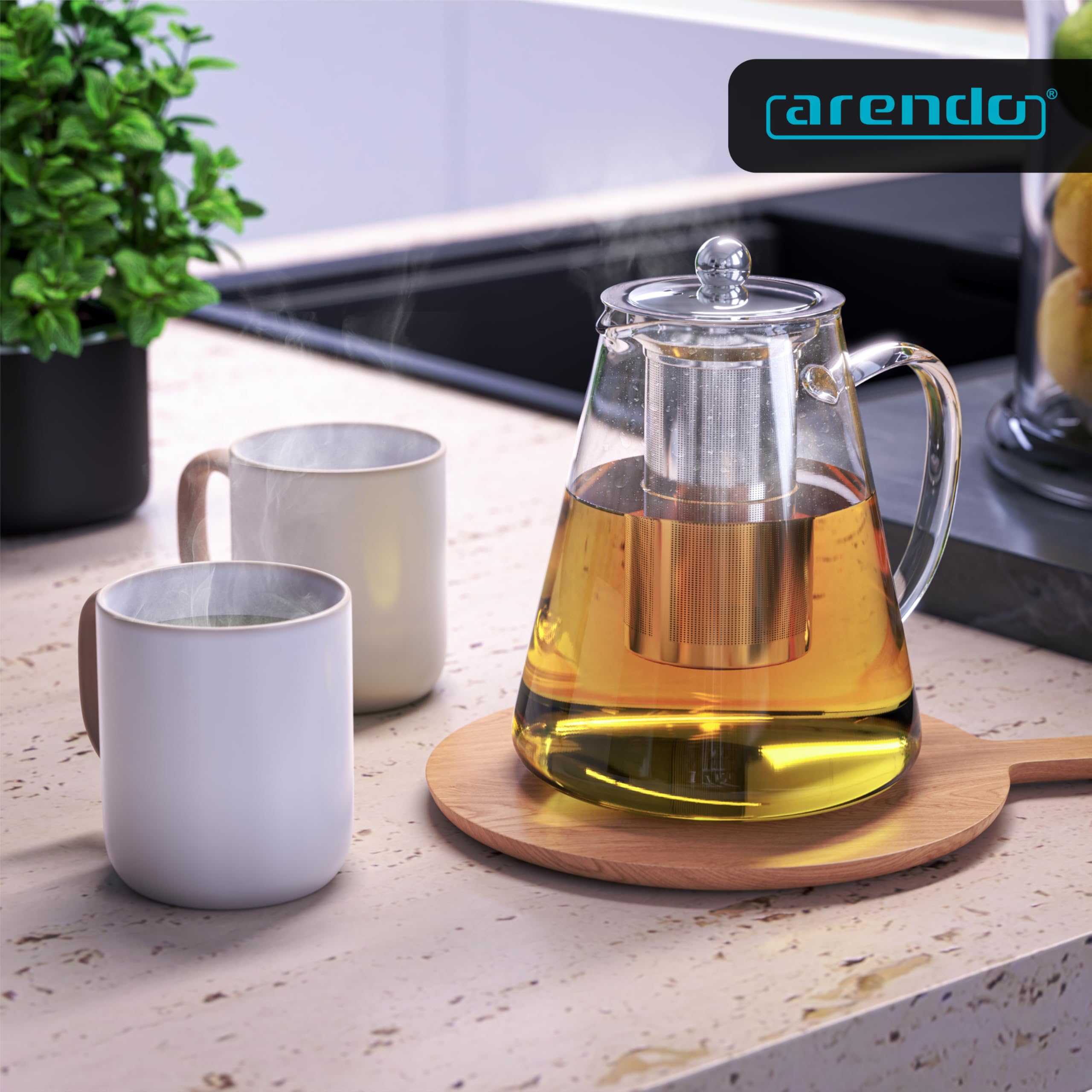 Arendo - Teekanne Glas mit Sieb - 1200 ml – aus Borosilikatglas – mit Edelstahlsieb – feinmaschig – hitzebeständig – Glasteekanne – für losen Tee Kräutertee Früchtetee – Teekocher – langlebig – feinma