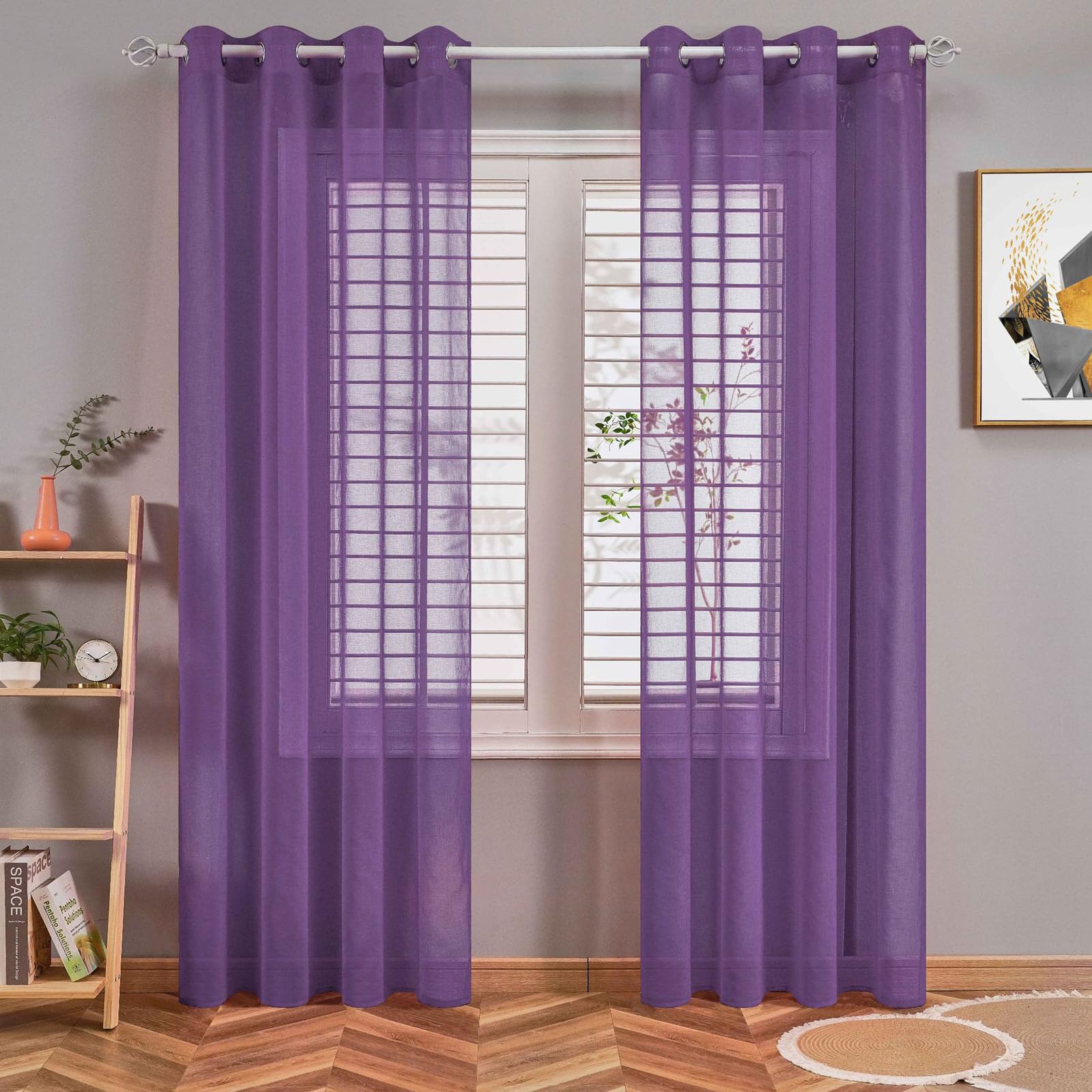 Voile Curtain 2 Panels Net Curtains for Windows, Light Filtering Sheer Curtains, Solid Color Semi Transparent Eyelet Panels for Bedroom Living Ro(Size:250x270cm/W 98" x L 106" (2 Panels),Color:Purple)