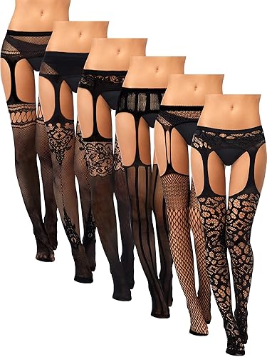 Skylety 6 Pairs Fishnet Stockings for Women Plus Size Thigh-high Tights Stockings Suspender Pantyhose Garter Belts - One Size - Black