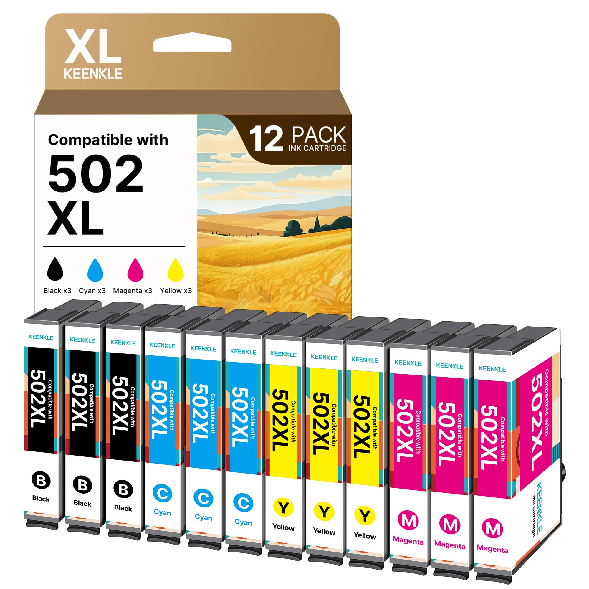 KEENKLE 502XL Cartucce Compatibile per Epson 502 XL Mutipack per Expression Home XP-5100 XP-5105 XP-5150 XP-5155 Workforce WF-2860 WF-2865 WF-2880 WF-2885 (3 Nero, 3 Ciano, 3 Magenta, 3 Giallo)