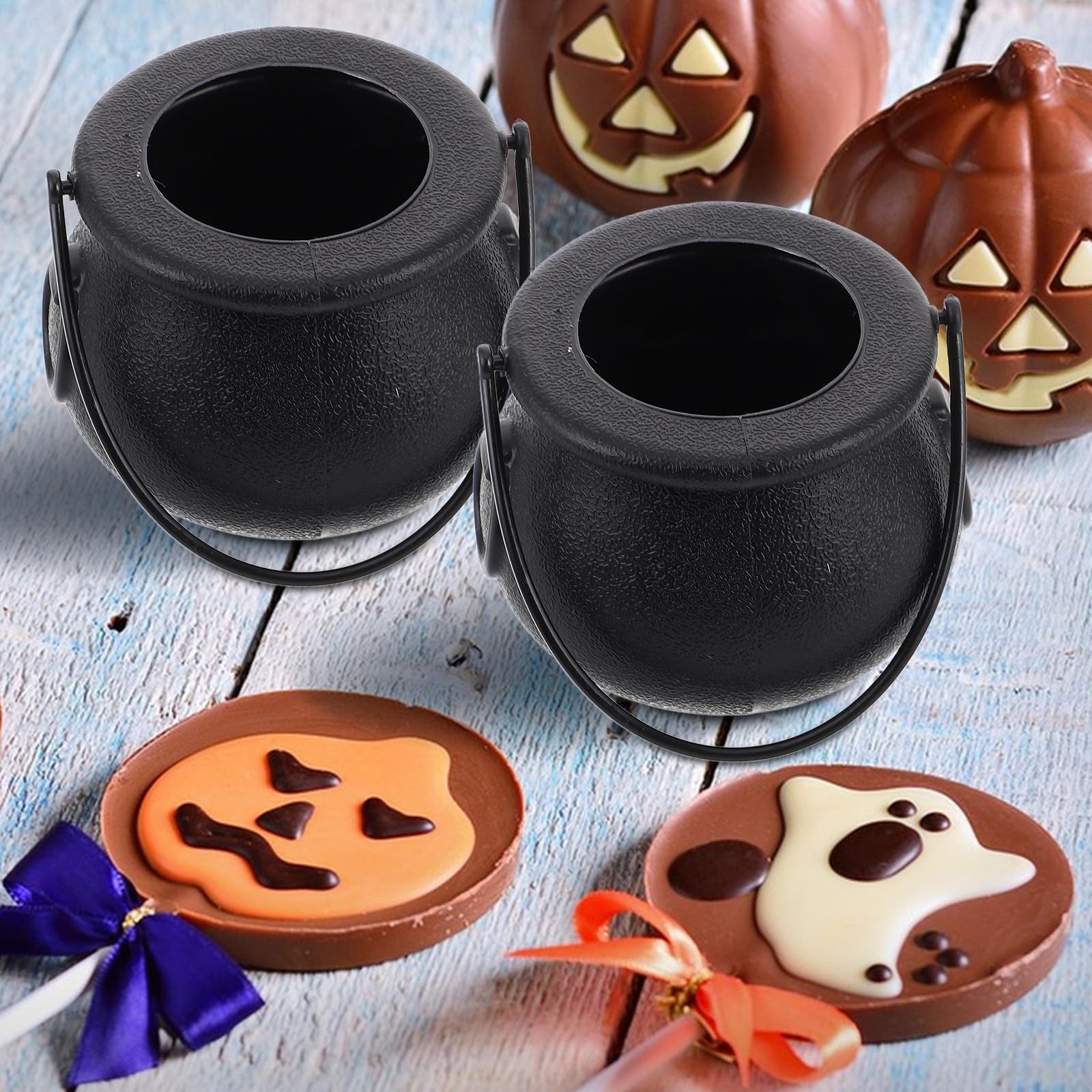 12 Piezas Cubo de Dulces de Halloween Negro Asa, Caldero Pequeño de