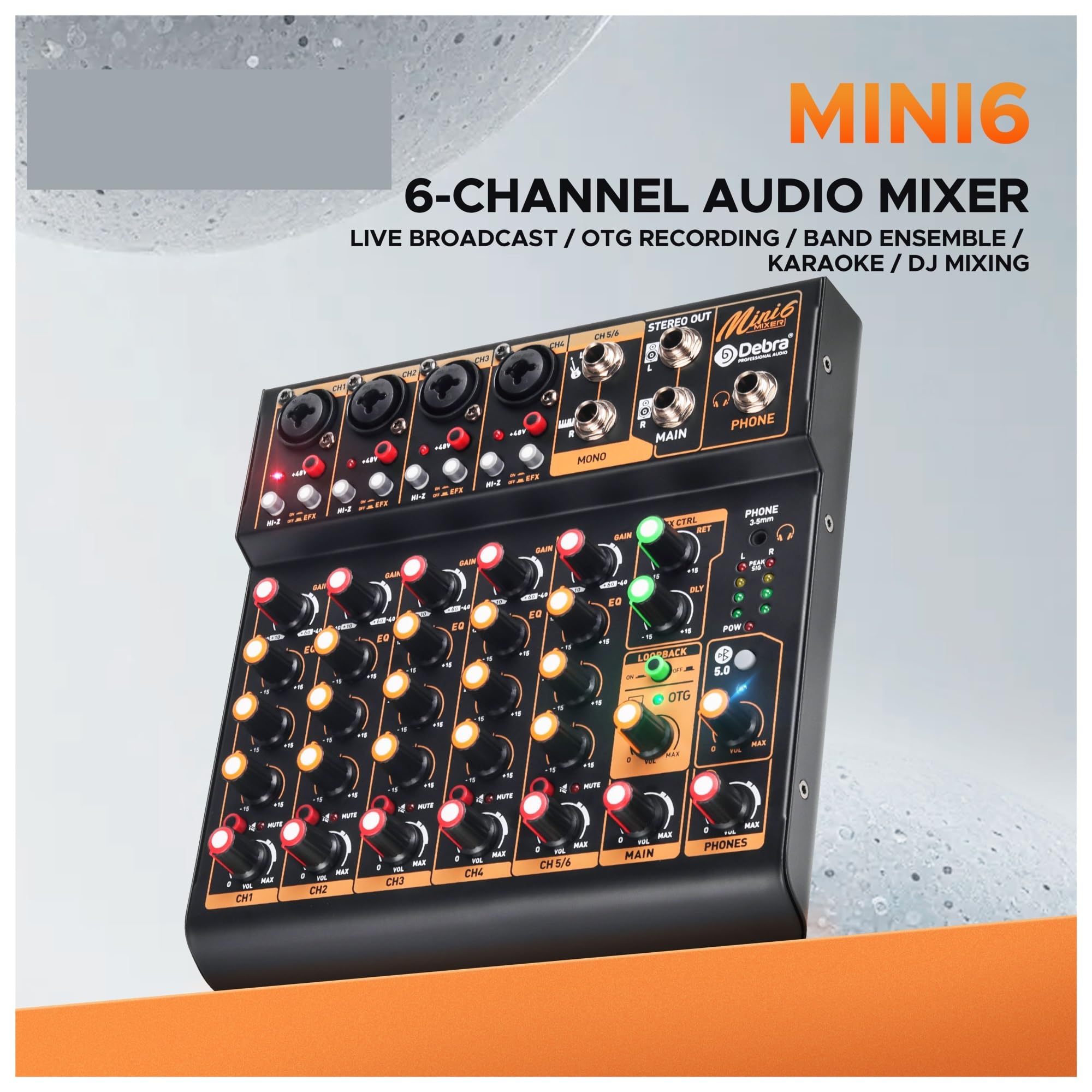 Mixer per DJ, OTG Metal Mixer DJ Console Mini6 con Bluetooth 48V Power Delay Repeat Effect for la Registrazione di Console di mixaggio su PC(Mini6 OTG)
