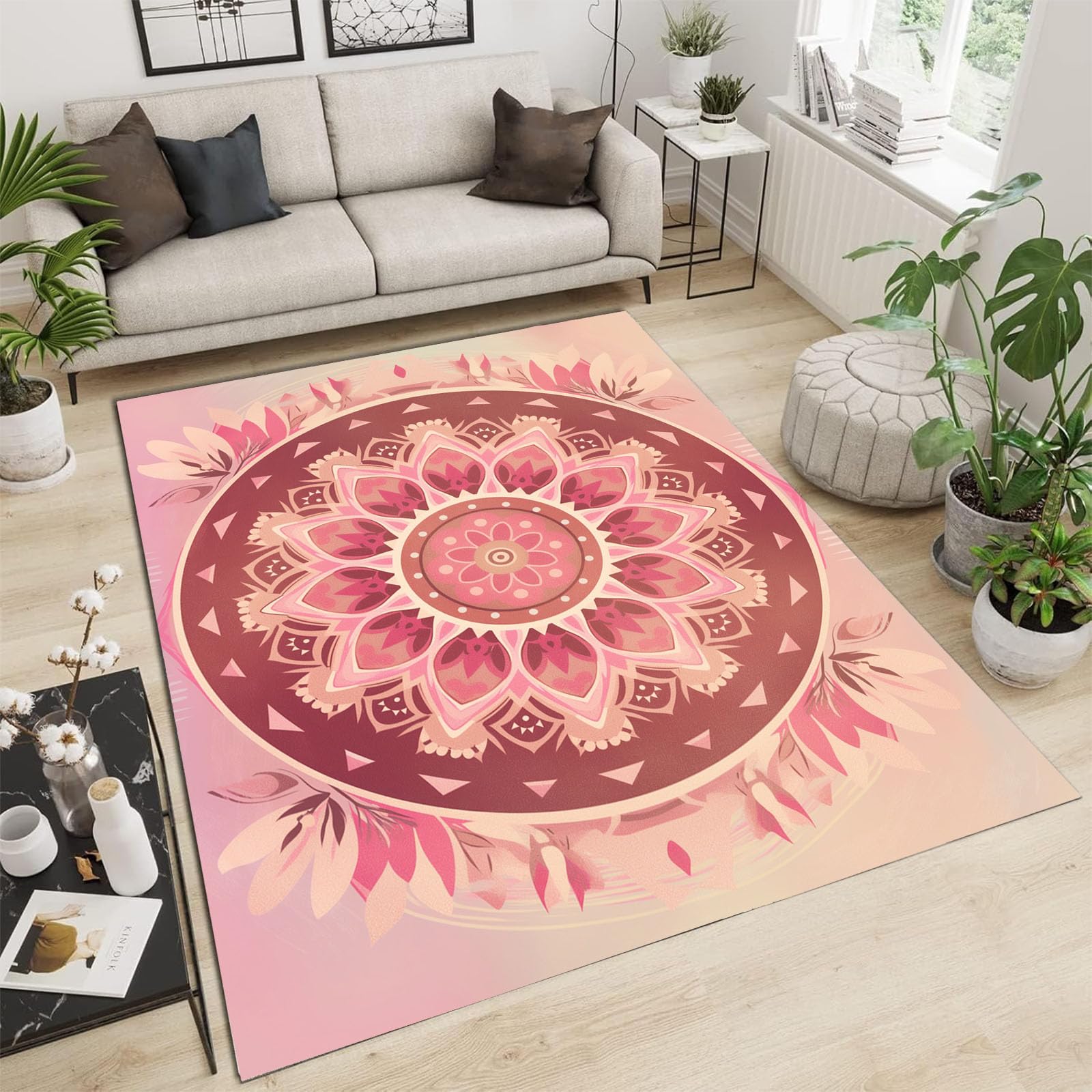 Tapis mandala lavable rose 120x180 anti-glisse pour salle à manger