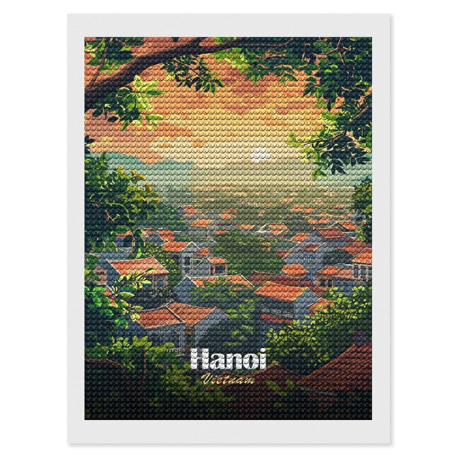 Junmoney Hanoi, Vietnam Cityscape Illustration Diamond Painting Kit 12"x16", Easy Handmade Project, Cosy Home Accent, for Craft Lovers, Holiday Gift Idea