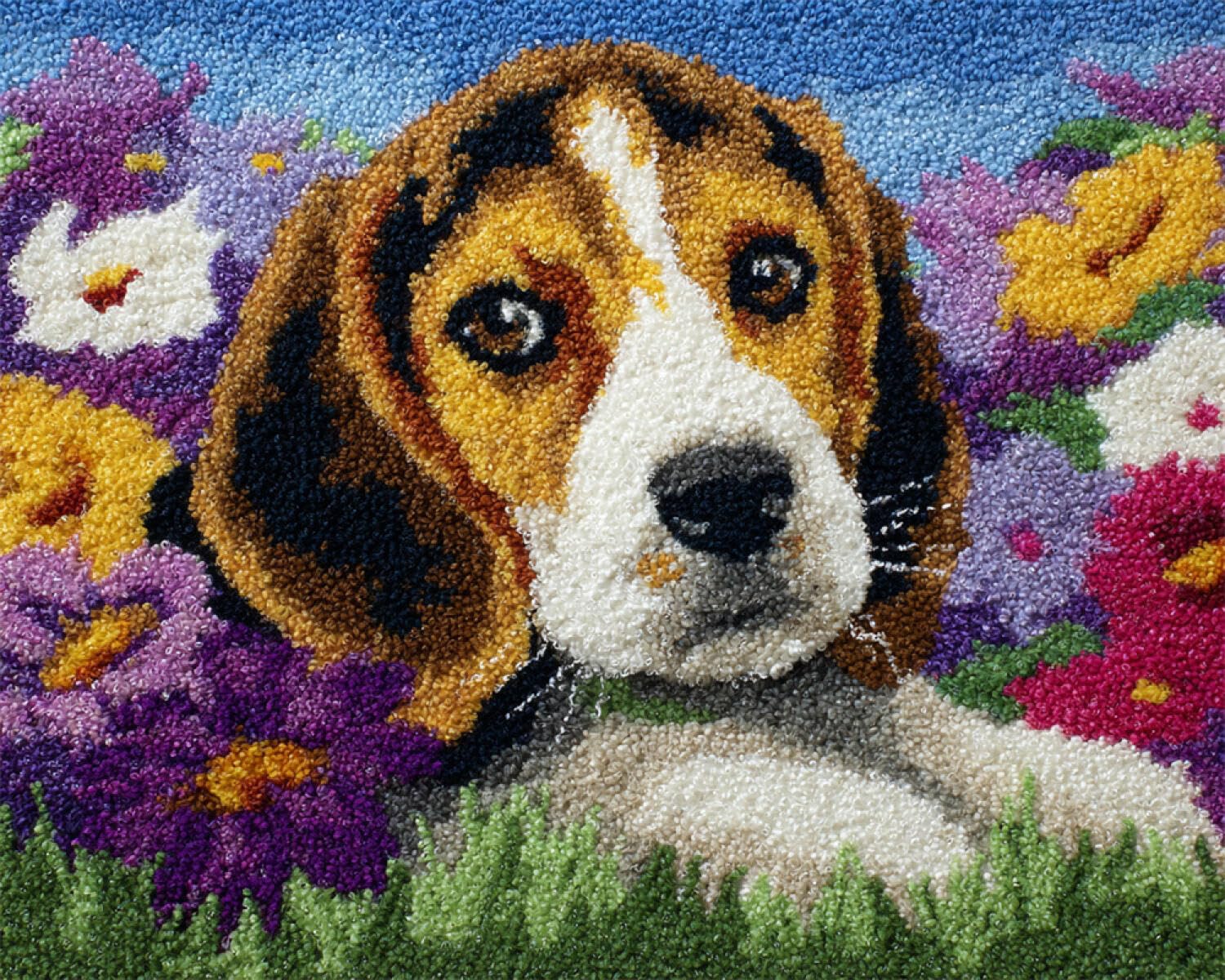 AMBATTERY Knüpfteppich Set Beagle und Blumen 90x120cm