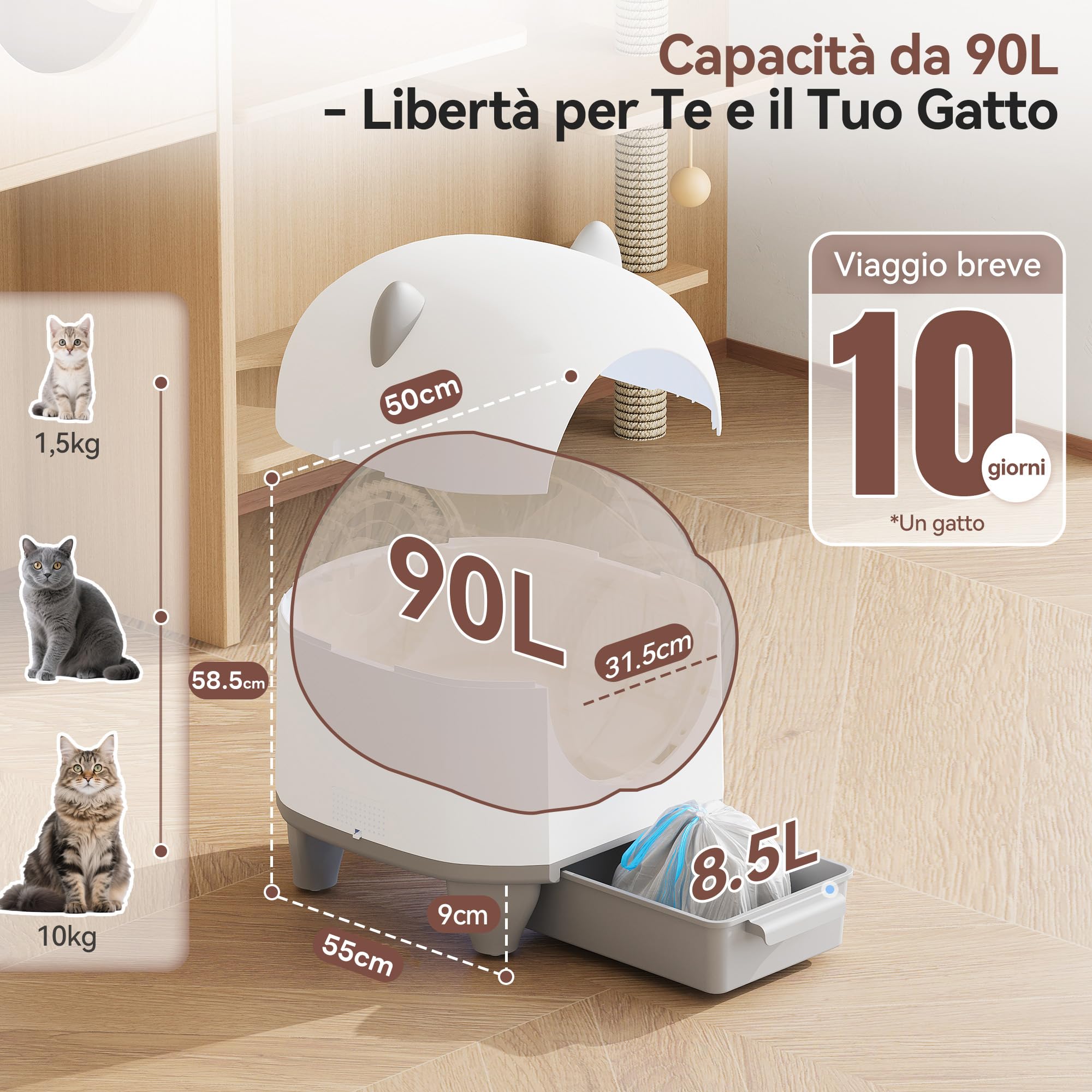 Devoko lettiera gatto autopulente,Design con orecchie da gatto,toilette per gatti XXL,Controllo remoto, ampio spazio, Sicurezza,Anti-odore,90L lettiera automatica per felini,Elettrica per più gatti.
