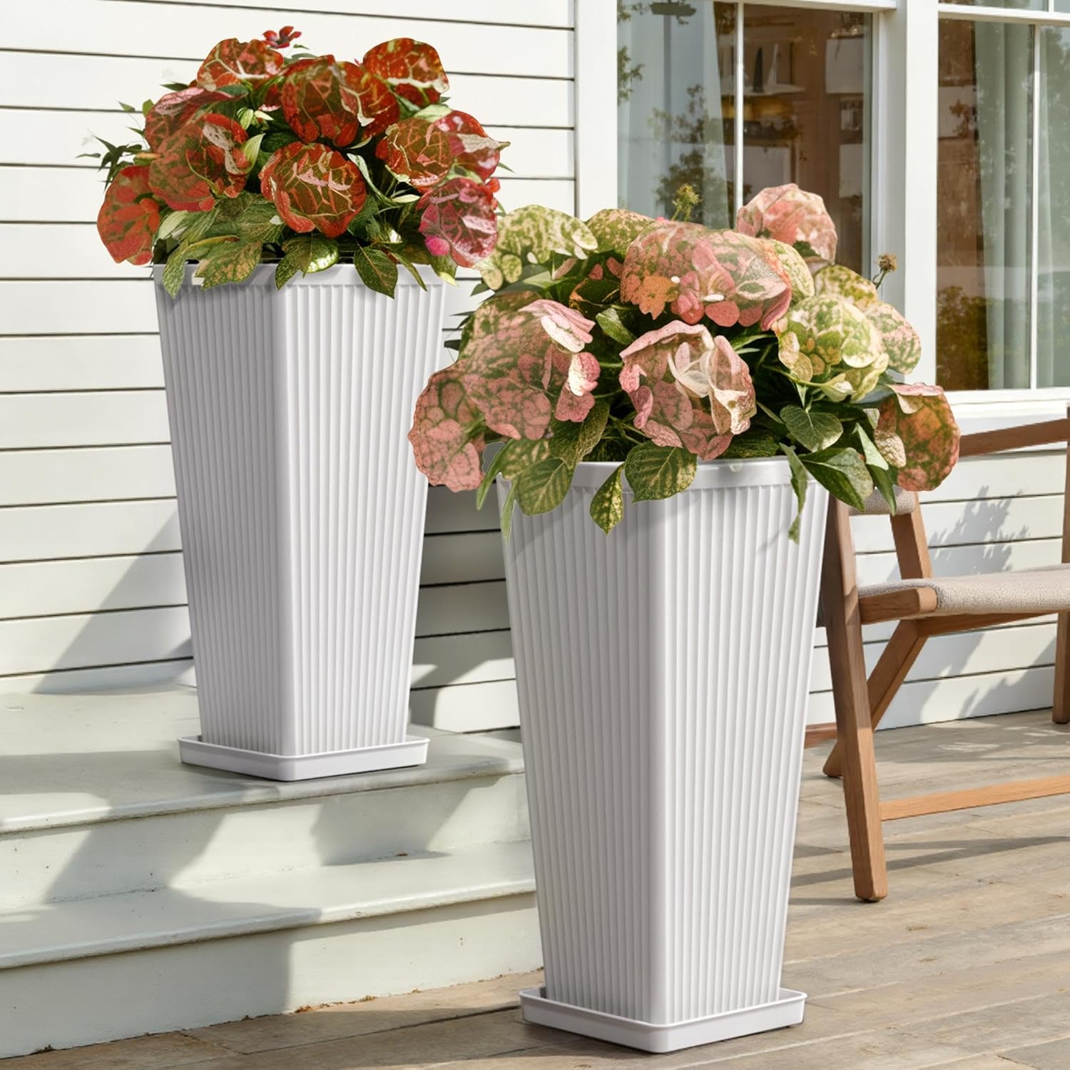White Square Tall Planters for Outdoor Plants Set of 2-23.6" Modern Tapered Indoor Flower Pots with Drainage Holes/Partition/Tray, Large Outdoor Planters for Porch Patio Garden Front Porch