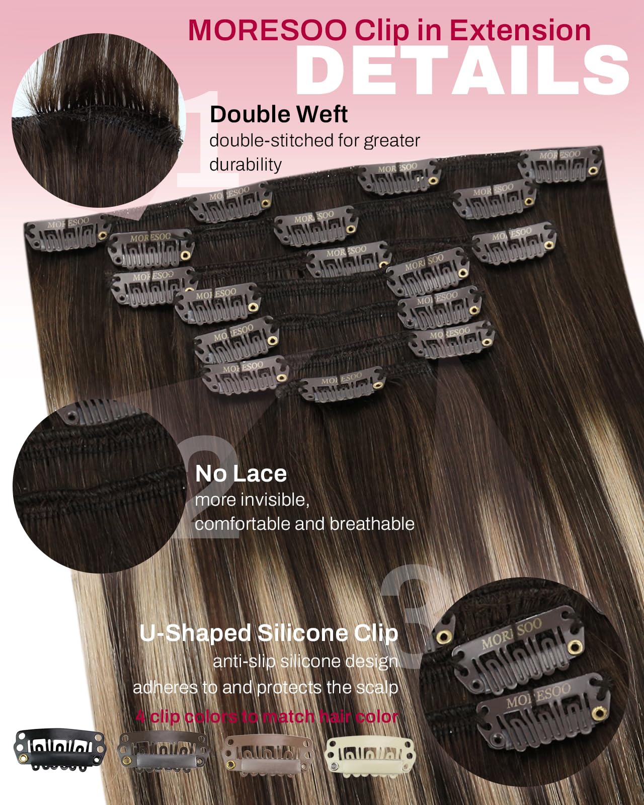 Moresoo Clip in Hair Extensions Real Human Hair Balayage Medium Brown and Blonde Real Hair Extensions Clip in Human Hair for Women Full Head 22 Inch 7pcs/120g #4/6/613 — view 219