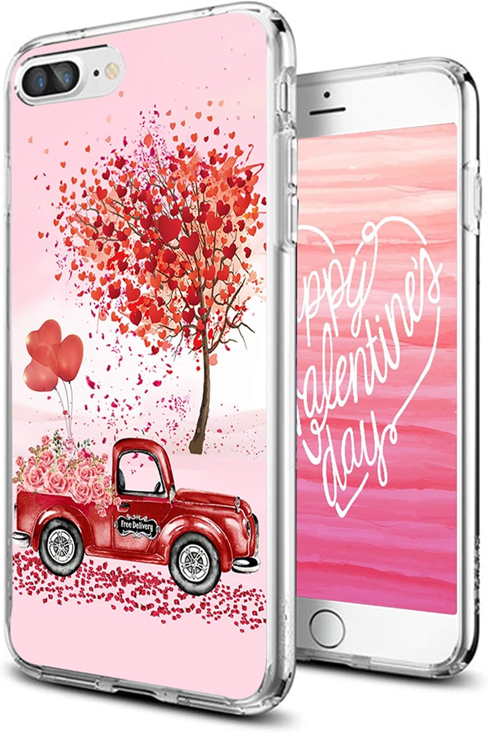 cocomong Valentines Day Case for iPhone 7 Plus iPhone 8 Plus 5.5" Cute Love Tree Red Truck Design Flexible TPU Protective iPhone Case Shockproof Anti-Drop-Scratch Lover's Day Gift for Women Girls