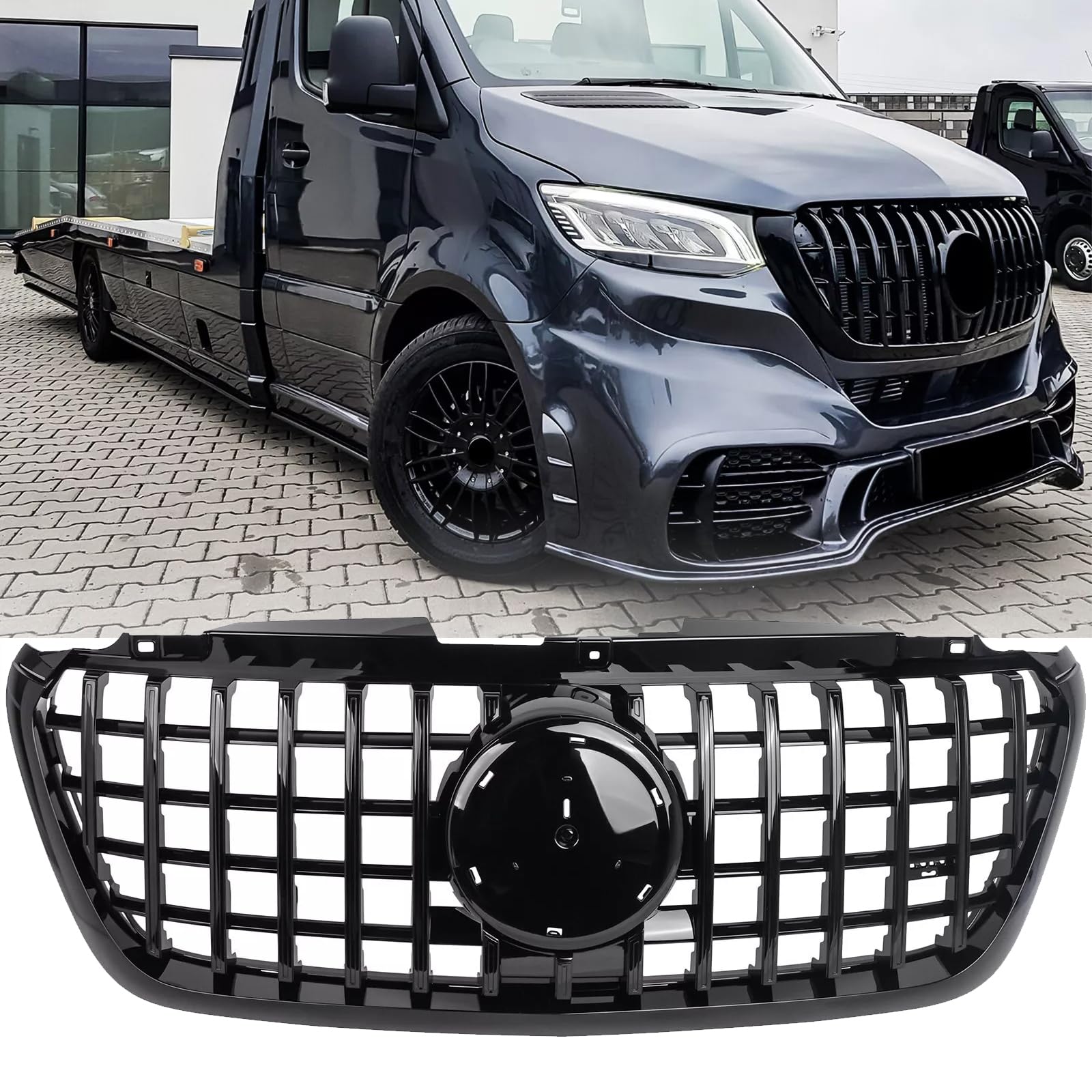 Compatible with Mercedes Benz 2019 2020 2021 2022 2023 2024 Sprinter/eSprinter W907/910 1500 2500 3500XD 4500 GT Style Front Bumper Grille Black with Black Trim grill