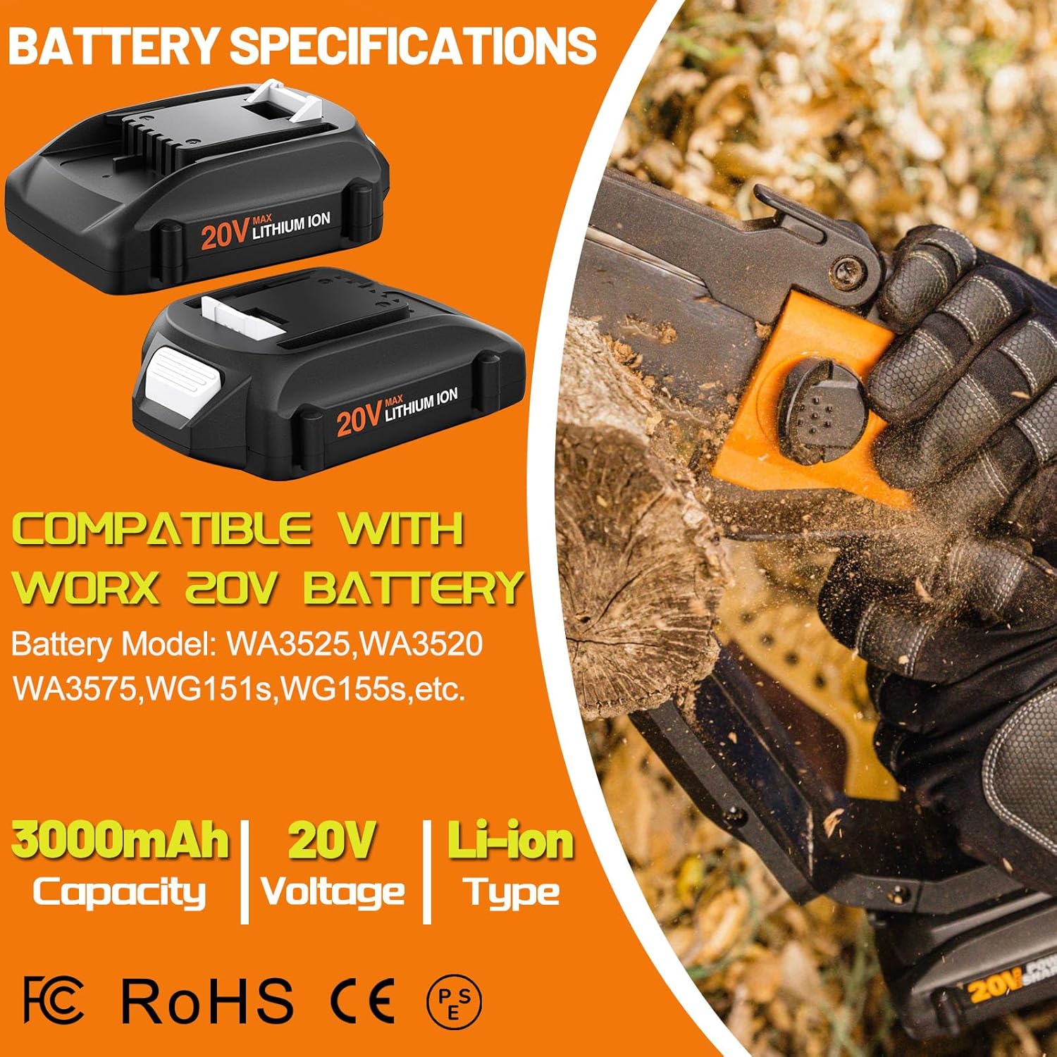 2Pack 3000mAh Battery Replacement for Worx Battery 20V Compatible with WA3525 WA3520 WA3575 WG151s WG155s WG251s WG255s WG540s WG545s WG890 WG891