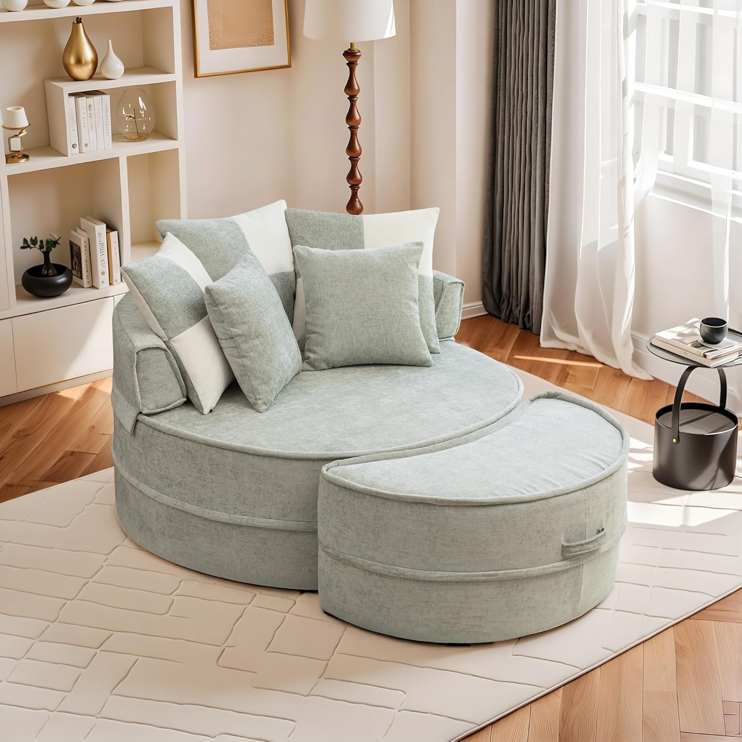 Oversized Round Chenille Accent Chair - Plush Barrel Lounge Chair with 5 Decorative Pillows & Half Moon Ottoman, No Assembly Required Comfortable Seating for Living Room, Bedroom or Reading Nook, Blue