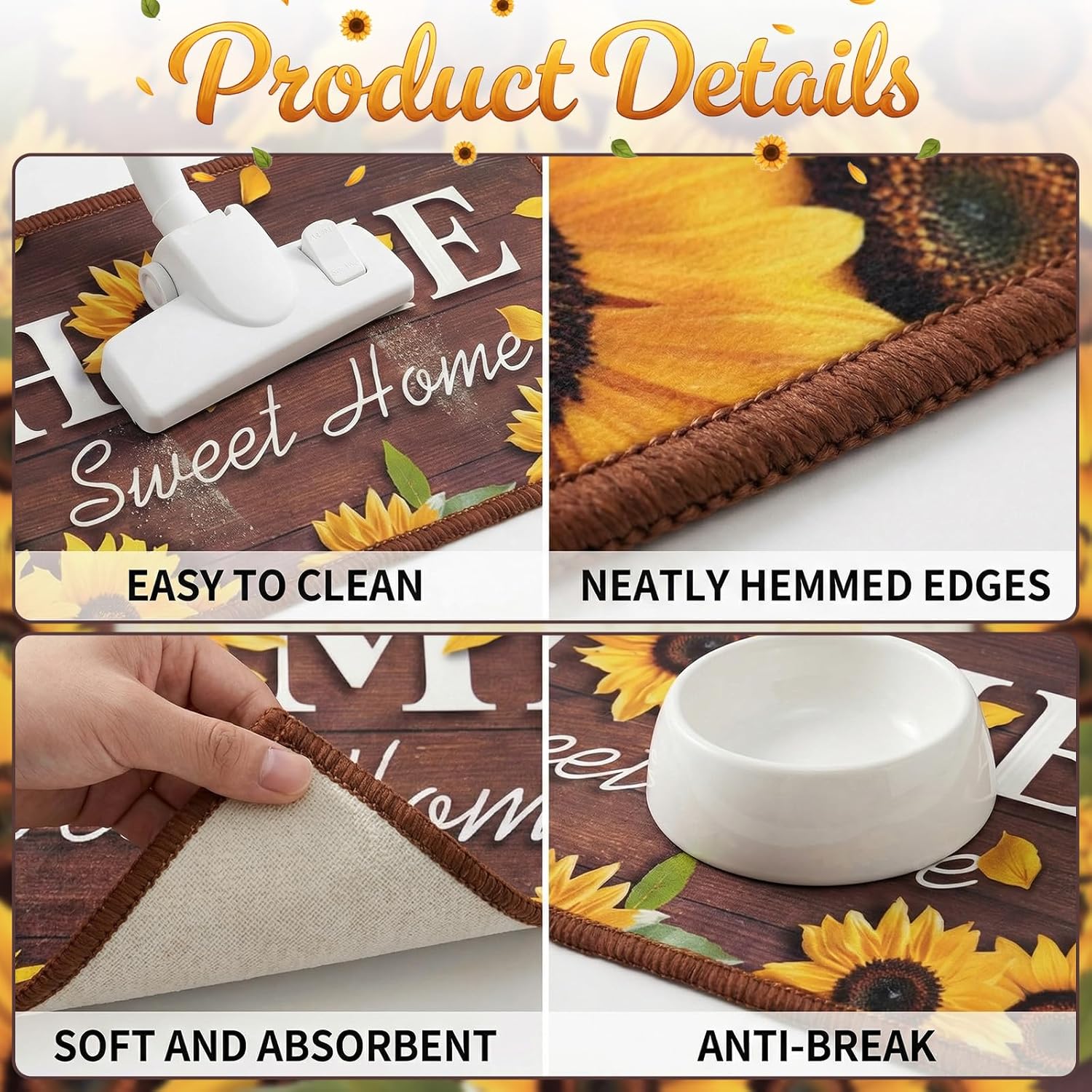 Sunflower Kitchen Rugs and Mats Set 3 Piece Absorbent Farmhouse Kitchen Floor Mats Non Slip Washable Kitchen Runner Rug and Doormats for Kitchen Sink Stove Hallway Home Decor Yellow Flower Brown Rugs