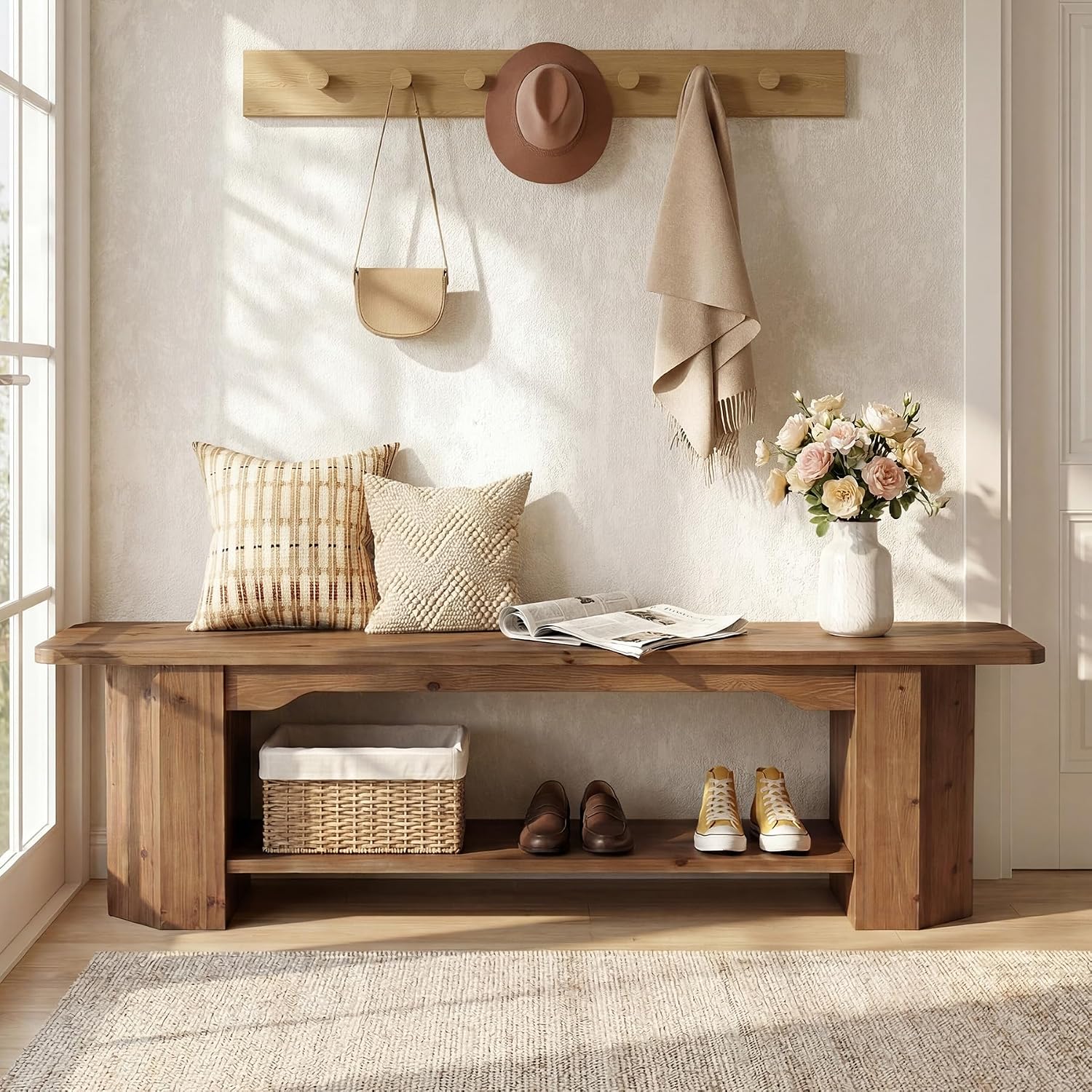 63'' Solid Wood Entryway Bench with Open Shelves, 2-Tier End of Bed Bench, Extra Long Shoe Bench for Living Room, Hallway, Bedroom